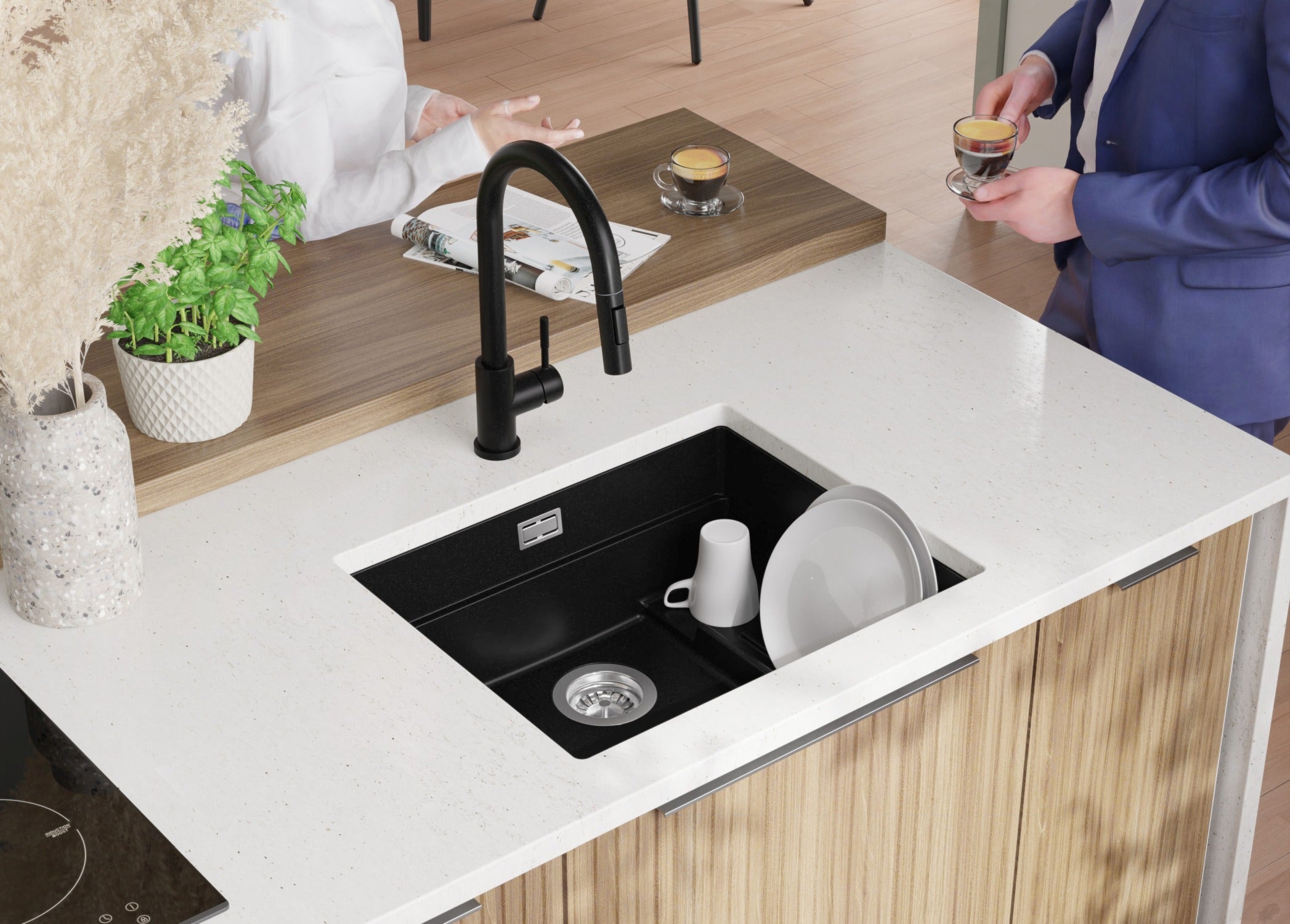 Lavandino sottotop Tutto Nero 56x47cm, Lavello in Granito a 1 vasca + Sifone Classico + Accessori, Lavabo da Cucina al mobile 60cm - Prague PRIMAGRAN - 4