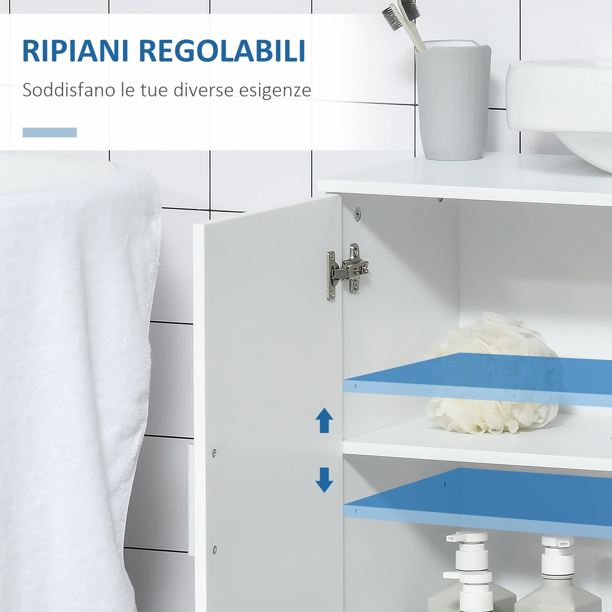 kleankin Mobile Sotto Lavabo Bagno Salvaspazio a U con 2 Ante e Ripiano Interno Regolabile, 60x30x60cm, Bianco - 6