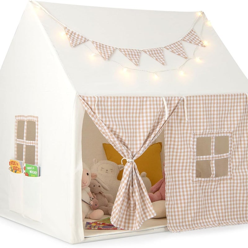 Namiot dziecięcy do wnętrz, namiot do zabawy z banerem flagowym i oknami, namiot do zabawy dla chłopców i dziewczynek w wieku 3-8 lat, beżowy