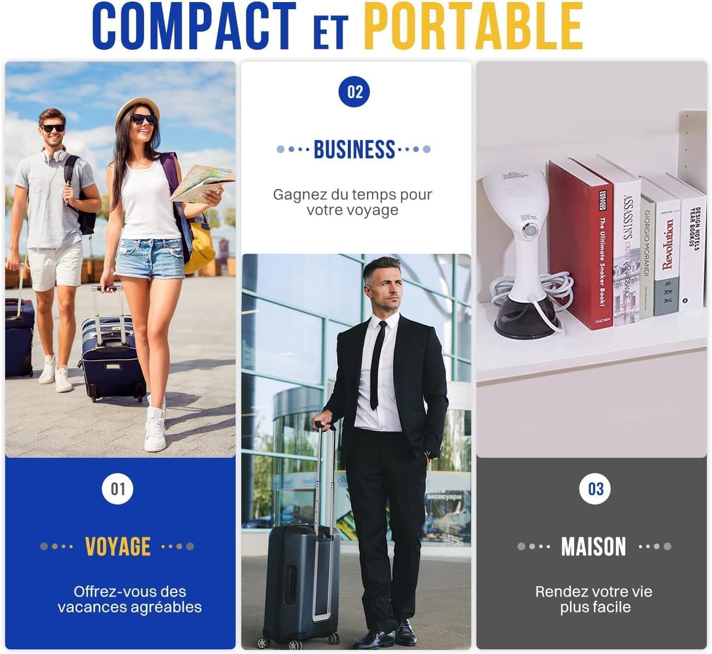 Défroisseur vapeur 1640W haute puissance, portable maison bureau voyage, réservoir 400ML, blanc. (87 caractères) - 8