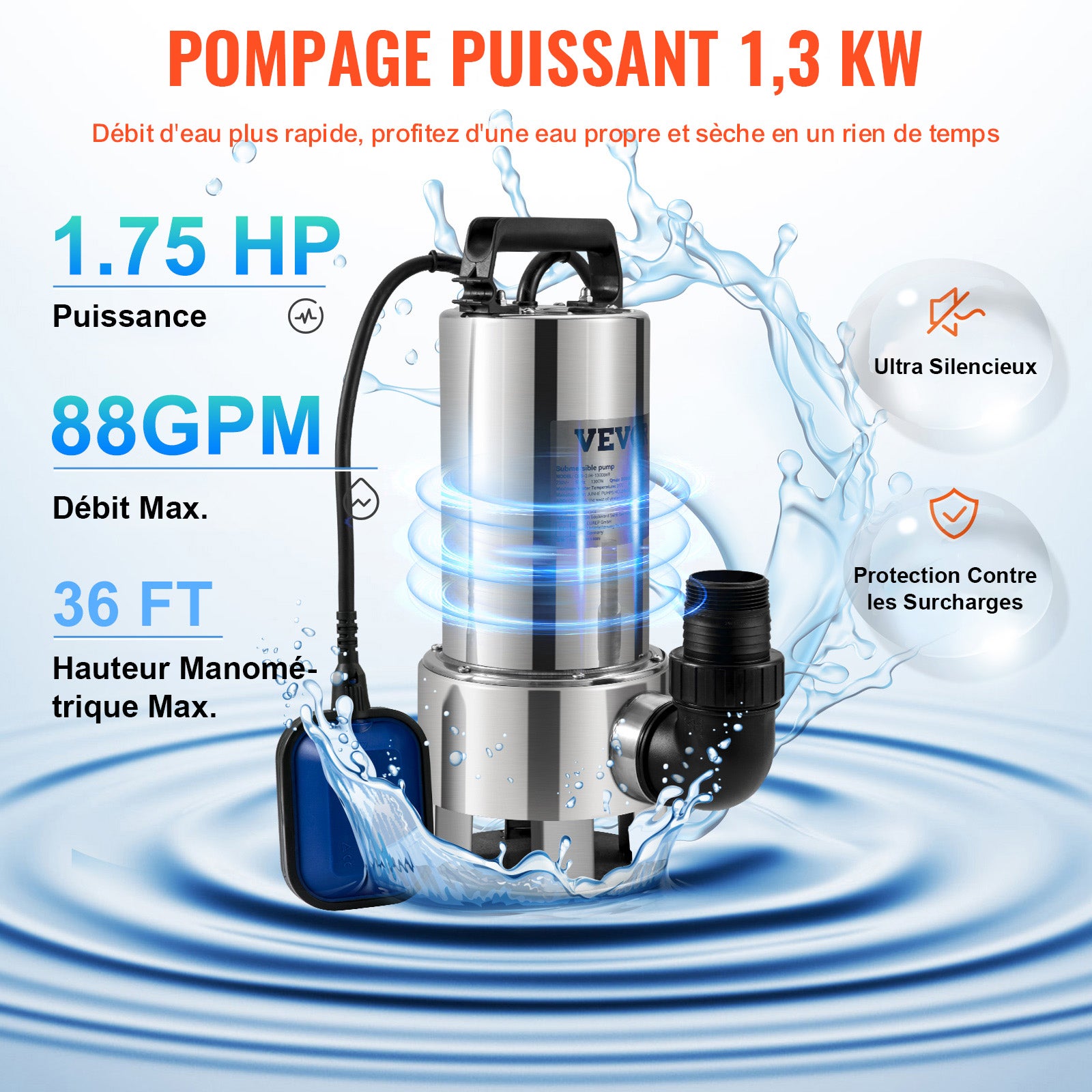 Pompe de Relevage Eaux Chargées 1300 W VEVOR – 333 L/min, Vide-Piscine & Fosse Septique, Évacuation Eaux Sales Usées avec Adaptateur - 3