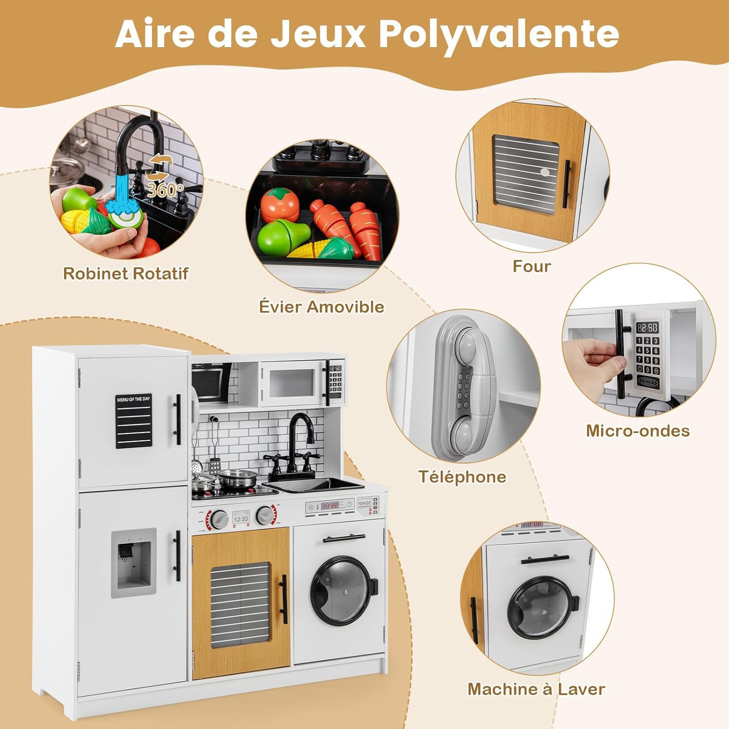 Cuisine Enfant avec Effets Sonores et Lumières, Jeu de Cuisine Enfant avec Machine à Laver & Micro-Ondes, Distributeur d'eau & Téléphone, Blanc - 3