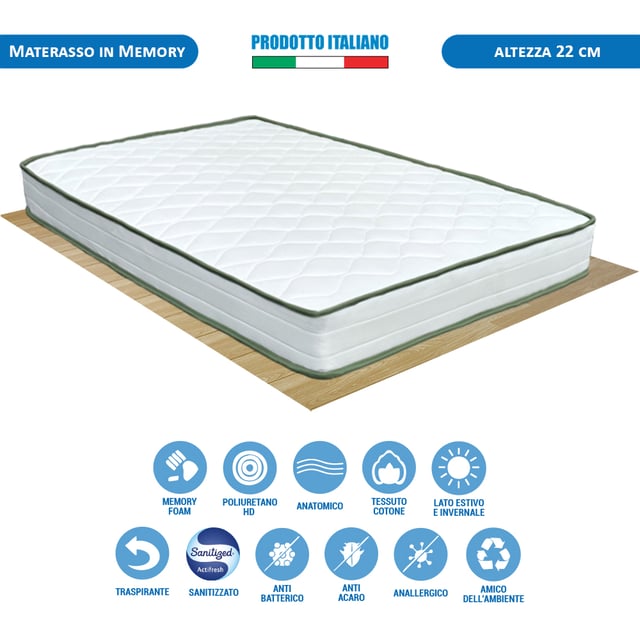 Materasso memory foam Olanda piazza e mezza 120x190 alto 22cm antiacaro e anatomico - Comprarredo