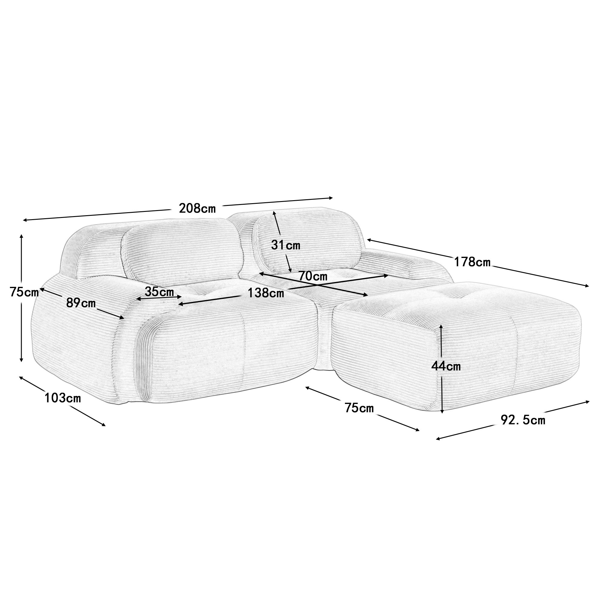 Canapé d\'angle 2 places 208 cm, modulable avec accoudoirs incurvés, antidérapant - pieds élargis – en velours côtelé doux – vert - 7