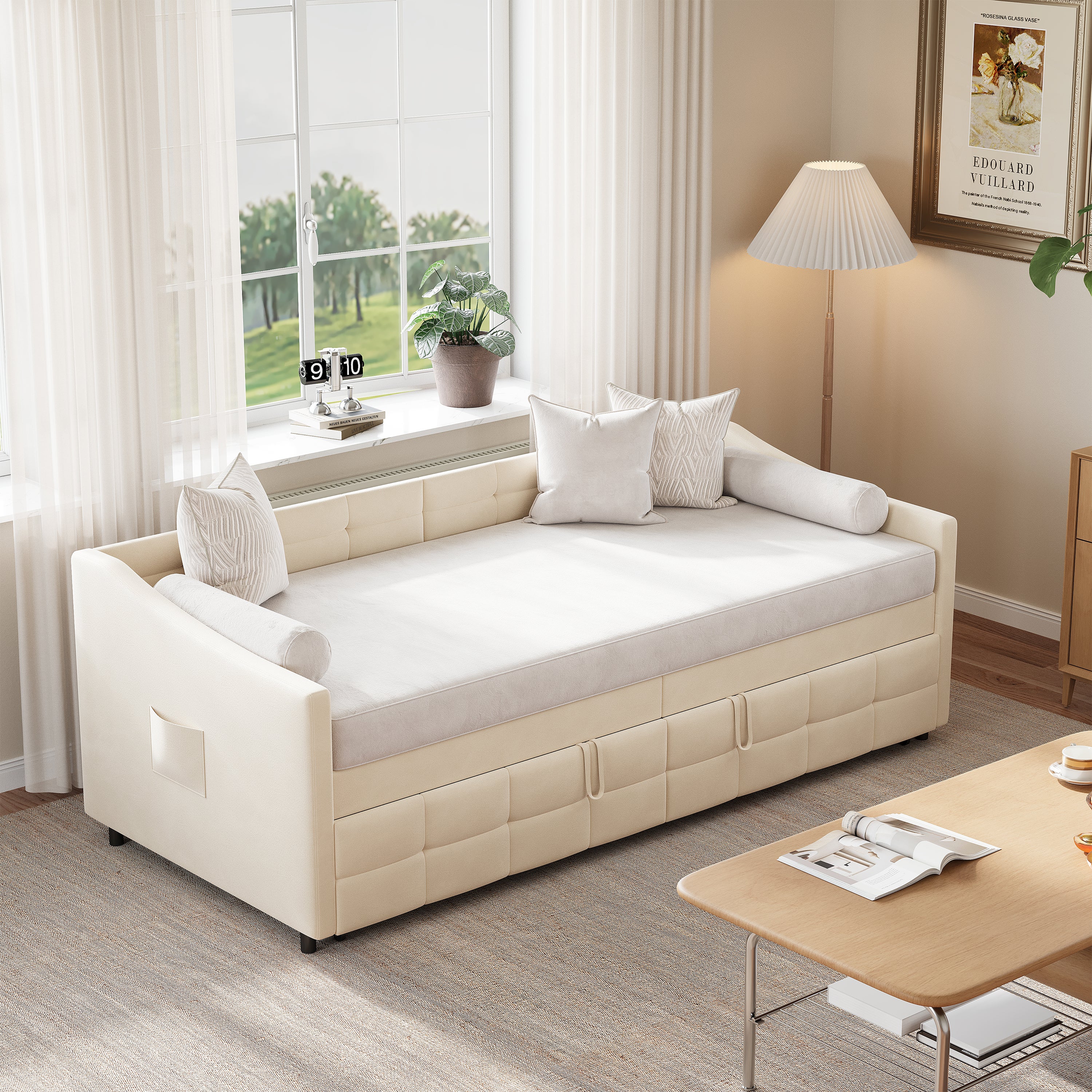 Canapé Lit 2 Places Convertible 90x200 cm, Lit Gigogne 2 Places avec Sommier à Lattes, Lit Banquette pour Salon Chambre, Velours, Beige - 6