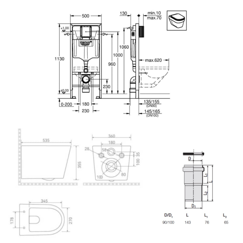 Grohe Pack WC bâti-support Rapid SL + WC suspendu sans bride Ceramia + abattant SoftClose + plaque noire mat (RSLBLCETORKF0) - 5