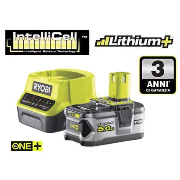 Pack batterie RYOBI 18V One+ 5.0Ah LithiumPlus - 1 chargeur rapide 2.0Ah RC18120-150 - 8