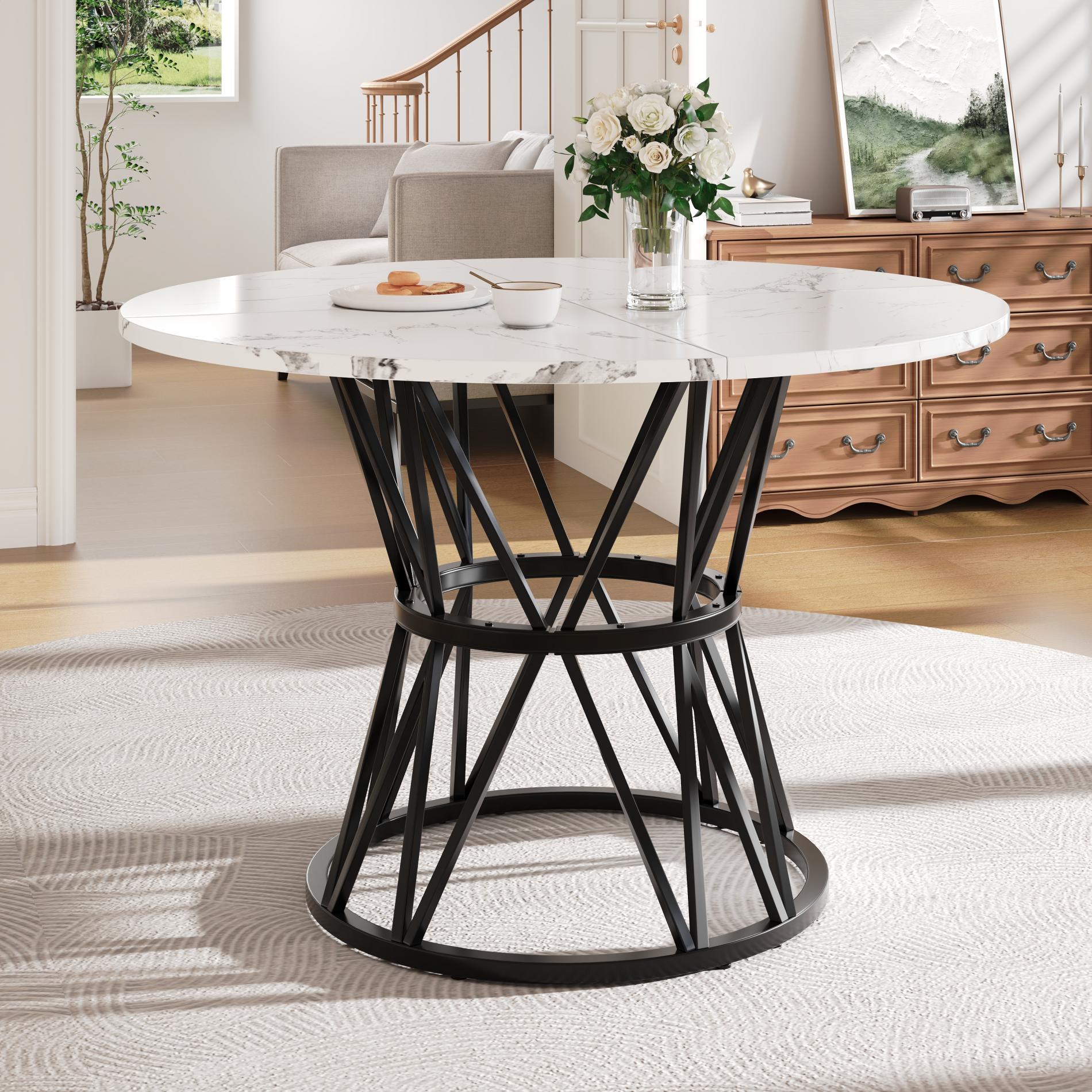 Okrągły stół jadalny z MDF o wyglądzie marmuru 100×100×76 cm – nowoczesny design, solidne metalowe nogi, gładka powierzchnia łatwa do czyszczenia