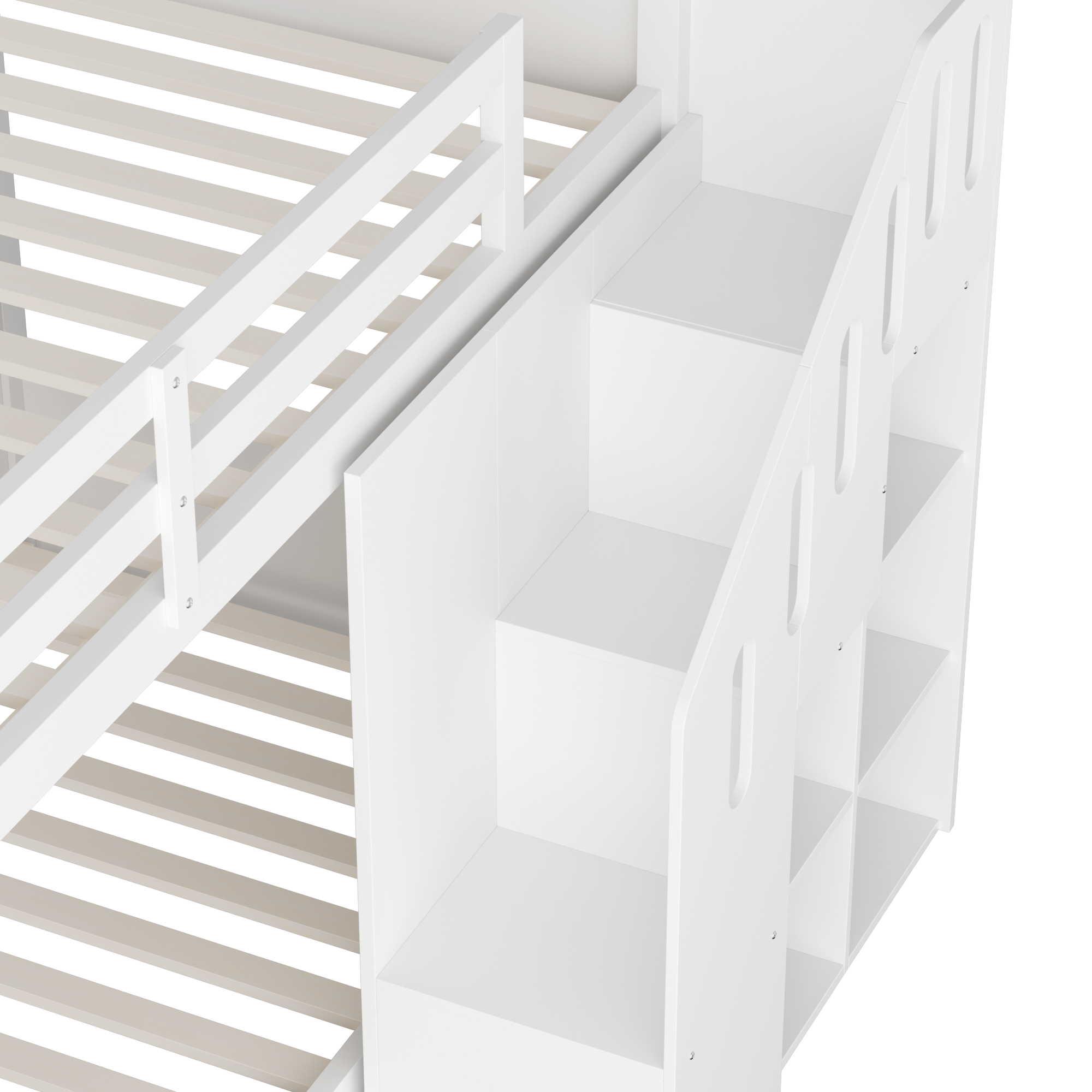Lit superposé pour enfant - 2x90x200 cm - avec casier d'escalier et garde-corps - Blanc (sans matelas) - 9