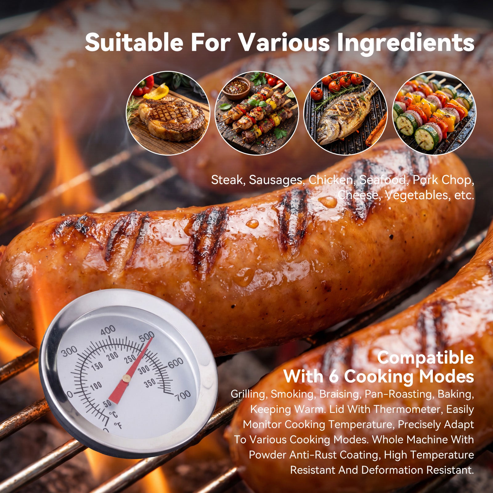 Barbecue a Carbonella, Superficie di Cottura: 45×32 cm, Griglia Principale in Smalto, Ripiano Riscaldante, Termometro HOMAVO - 3