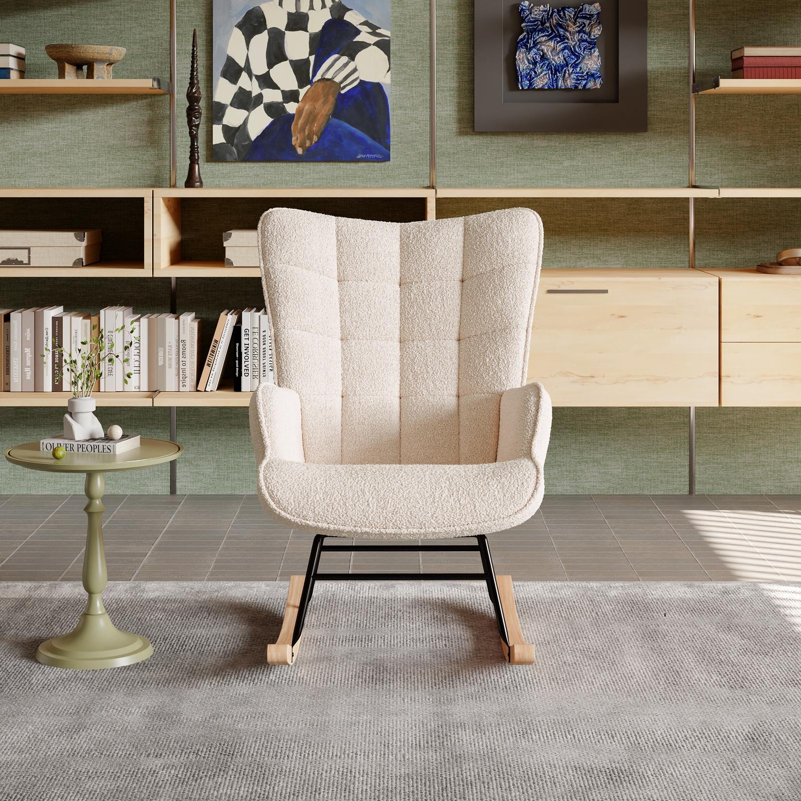 Fauteuil à Bascule - Scandinave - Dossier Capitonnée en carré - Balancelle Relaxante - 68x75x92cm - Velours Teddy Beige - 8
