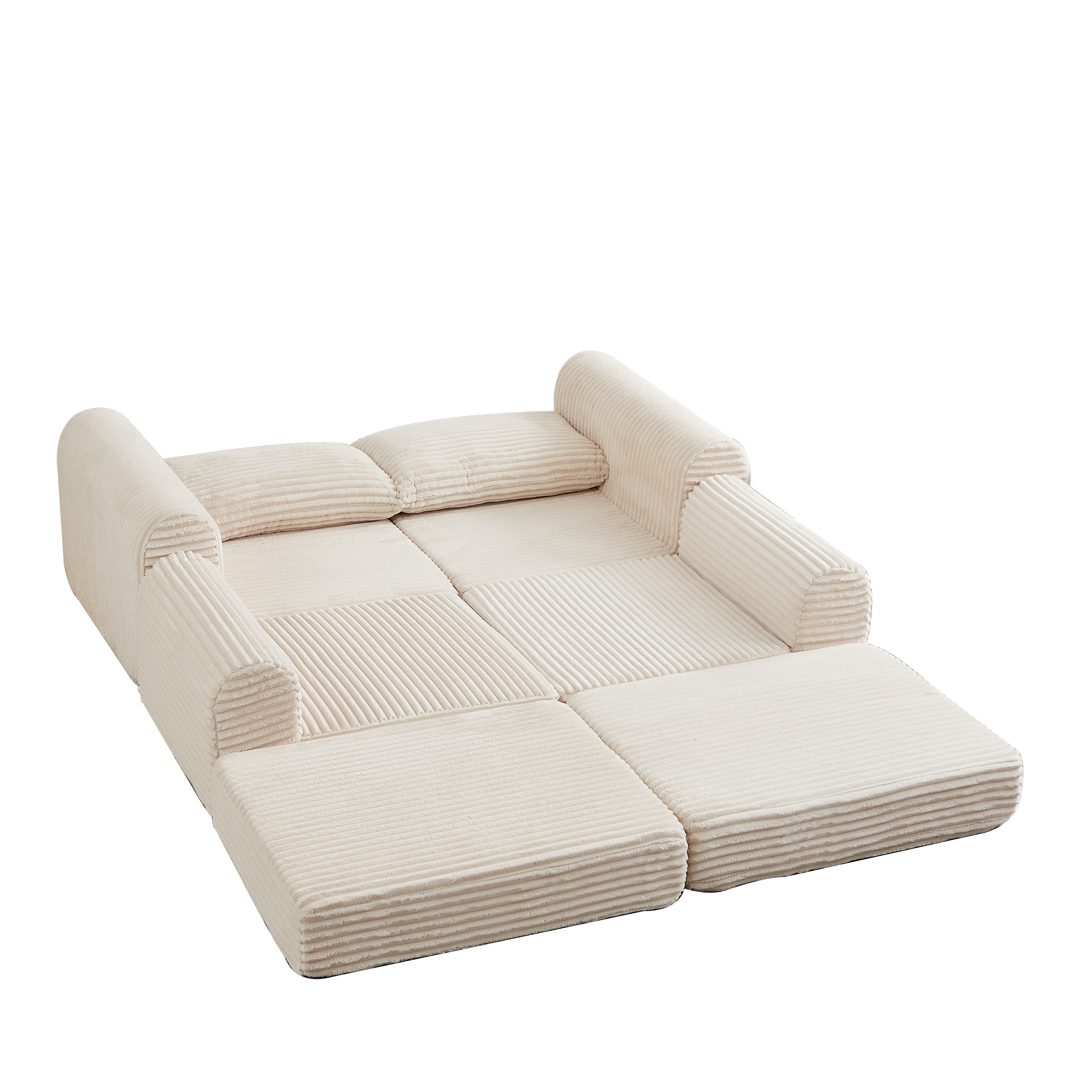 Canapé-lit velours côtelé 2-en-1, deux oreillers, accoudoirs incurvés stylés, repose-pieds amovible, modulaire flexible., Beige - 4