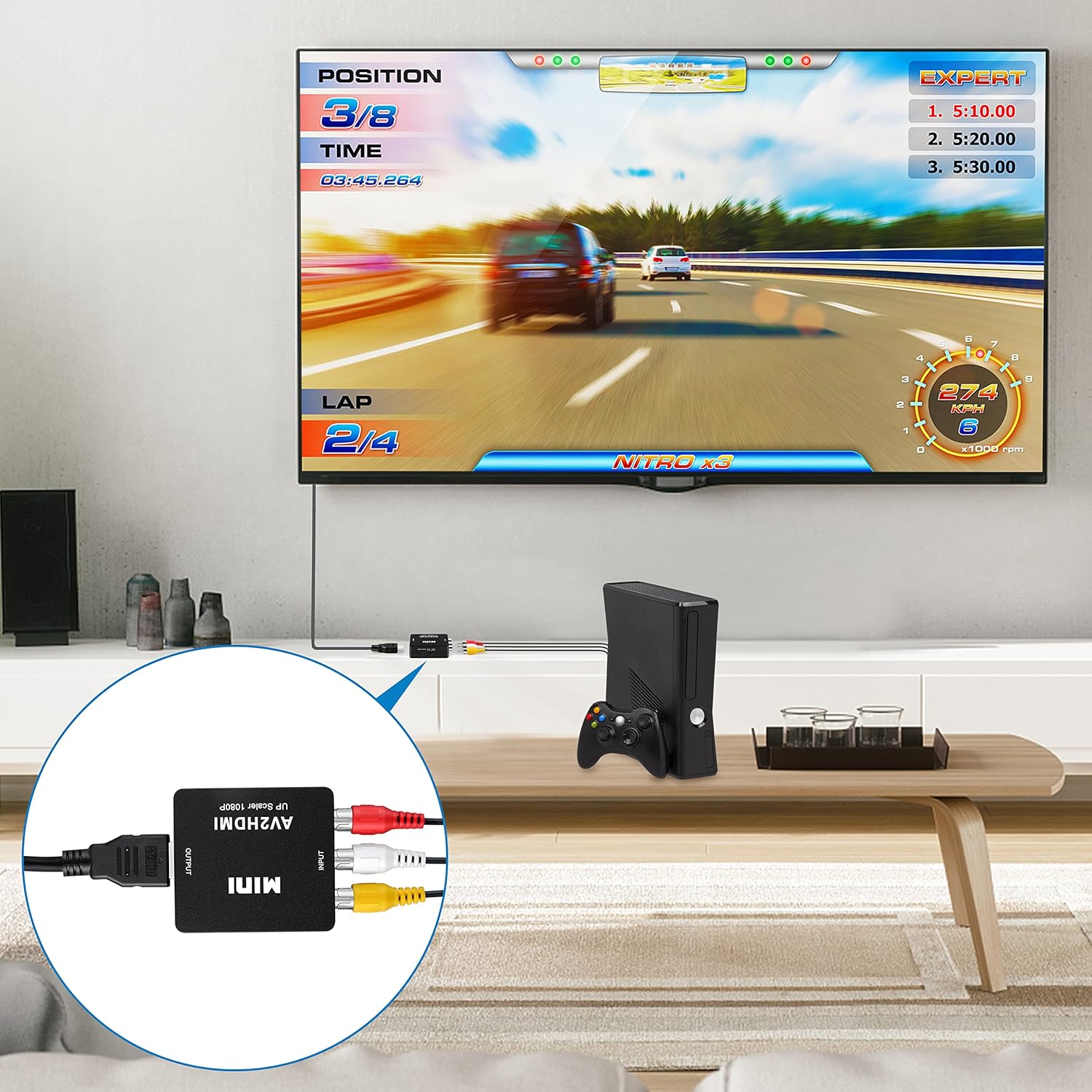 Adaptateur RCA vers HDMI, convertisseur audio et vidéo AV vers HDMI prenant en charge 1080P avec cordon d'alimentation USB pour PS2 Gamecube VHS - 4