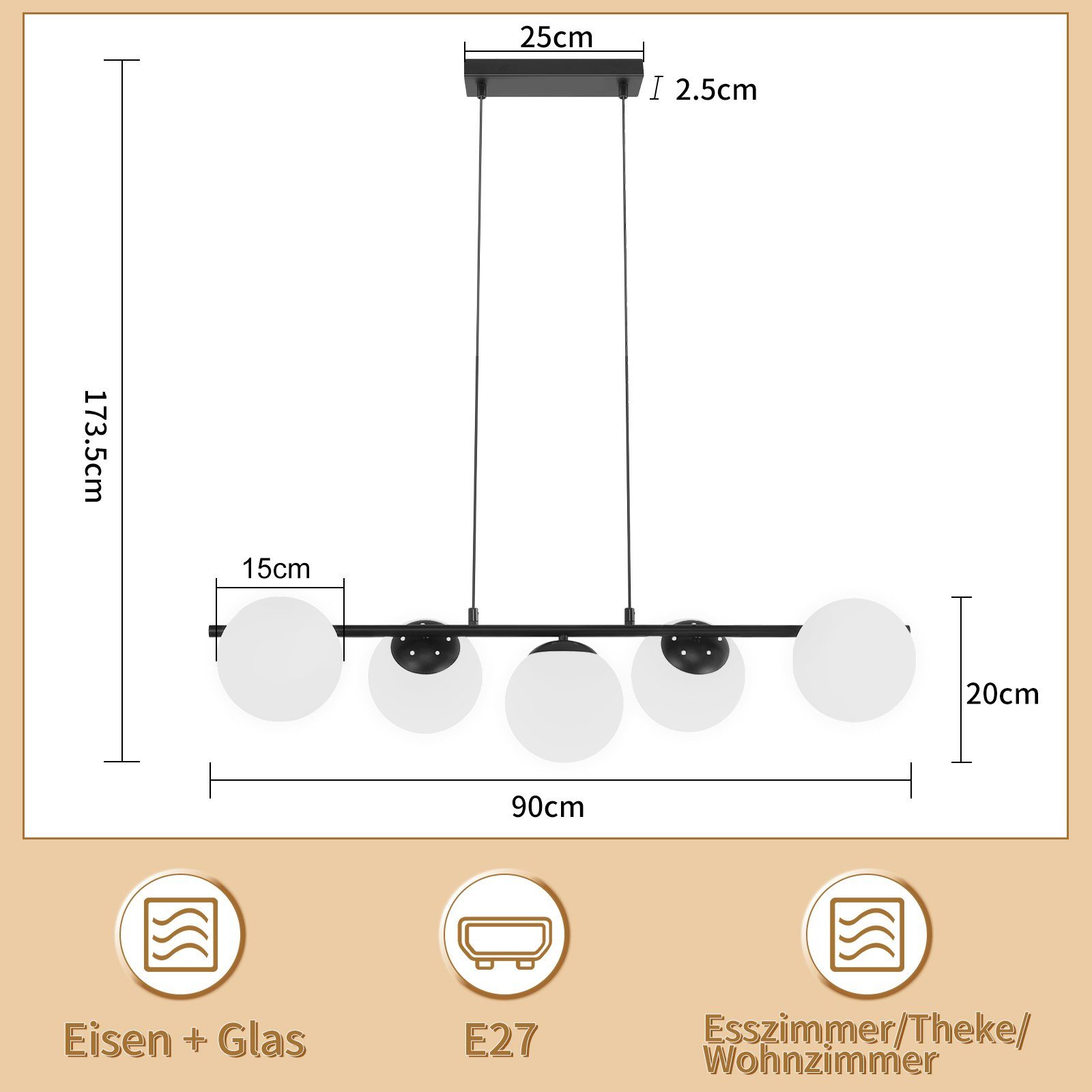 NETTLIFE Lampa wisząca czarna E27 Szklana lampa wisząca 5-płomieniowa Nowoczesna lampa do jadalni 150CM - 5