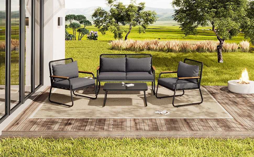 Salon de jardin, ensemble table et canapé pour 4 personnes avec structure en fer galvanisé,y compris tous les coussins d'assise et de dossier,noir - 6