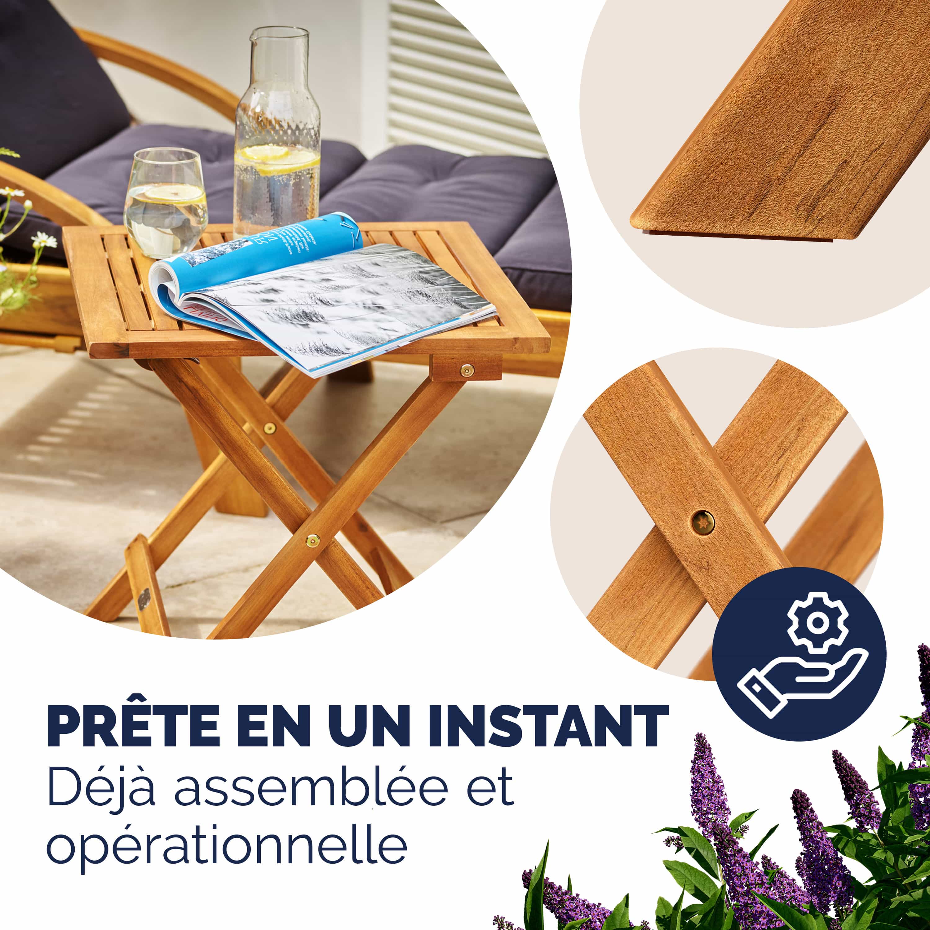 CASARIA® Table basse pliante en bois d'acacia 46x46cm Table d'appoint pliable pour jardin terrasse Intérieur extérieur - 3