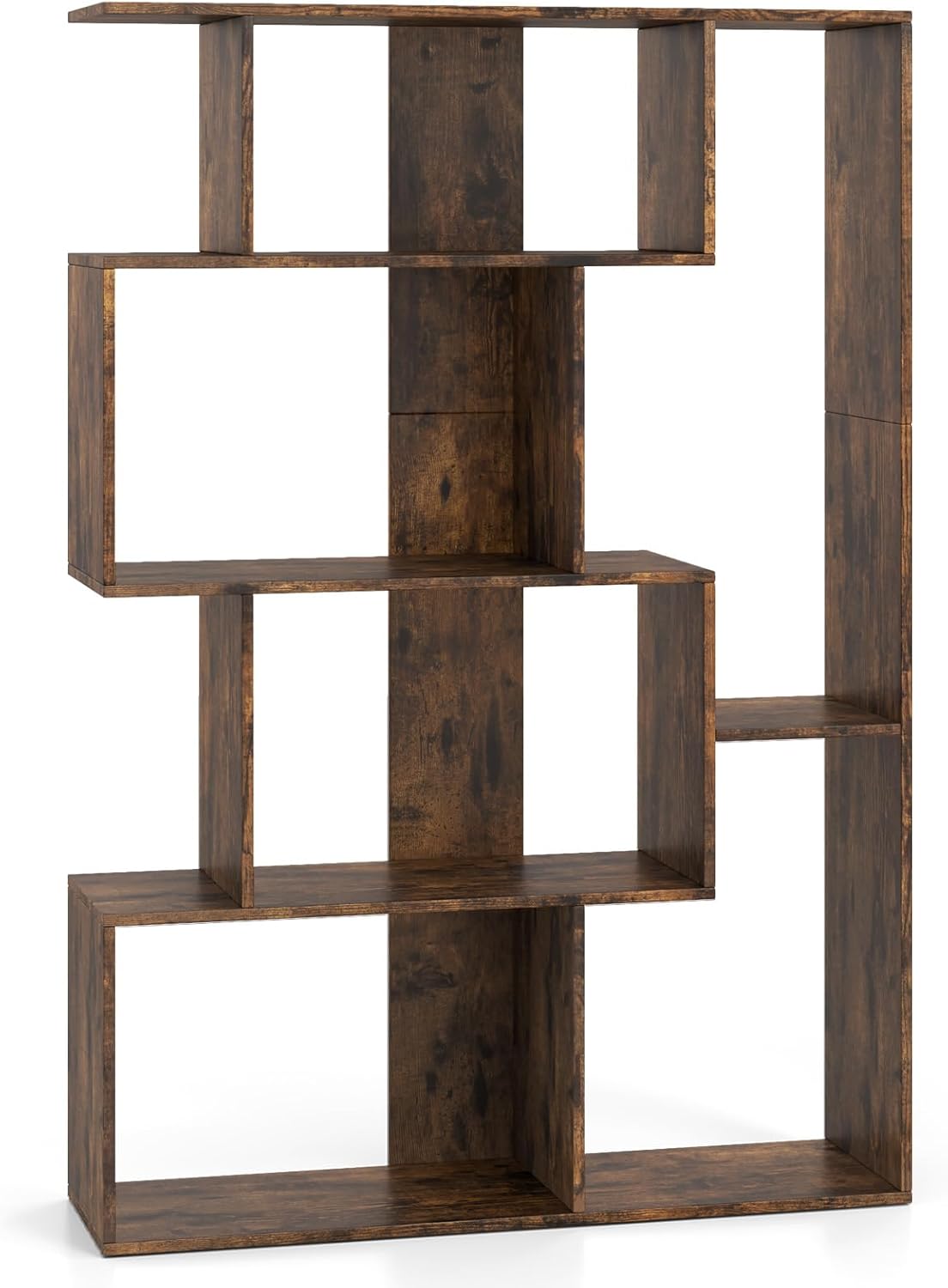 Regał w Kształcie Litery S, 4 Poziomy, 80 x 30 x 119 cm, Regał Wolnostojący z 6 Otwartymi Przegrodami (Kolor Kawowy)