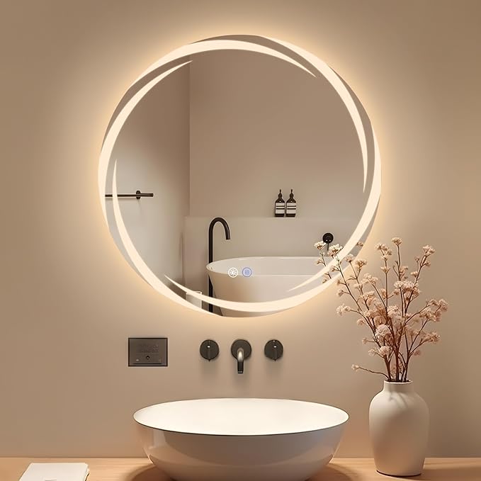 NETTLIFE Lustro łazienkowe z oświetleniem, okrągłe lustro LED do łazienki 70 cm, okrągłe lustro łazienkowe IP44 z funkcją dotykową
