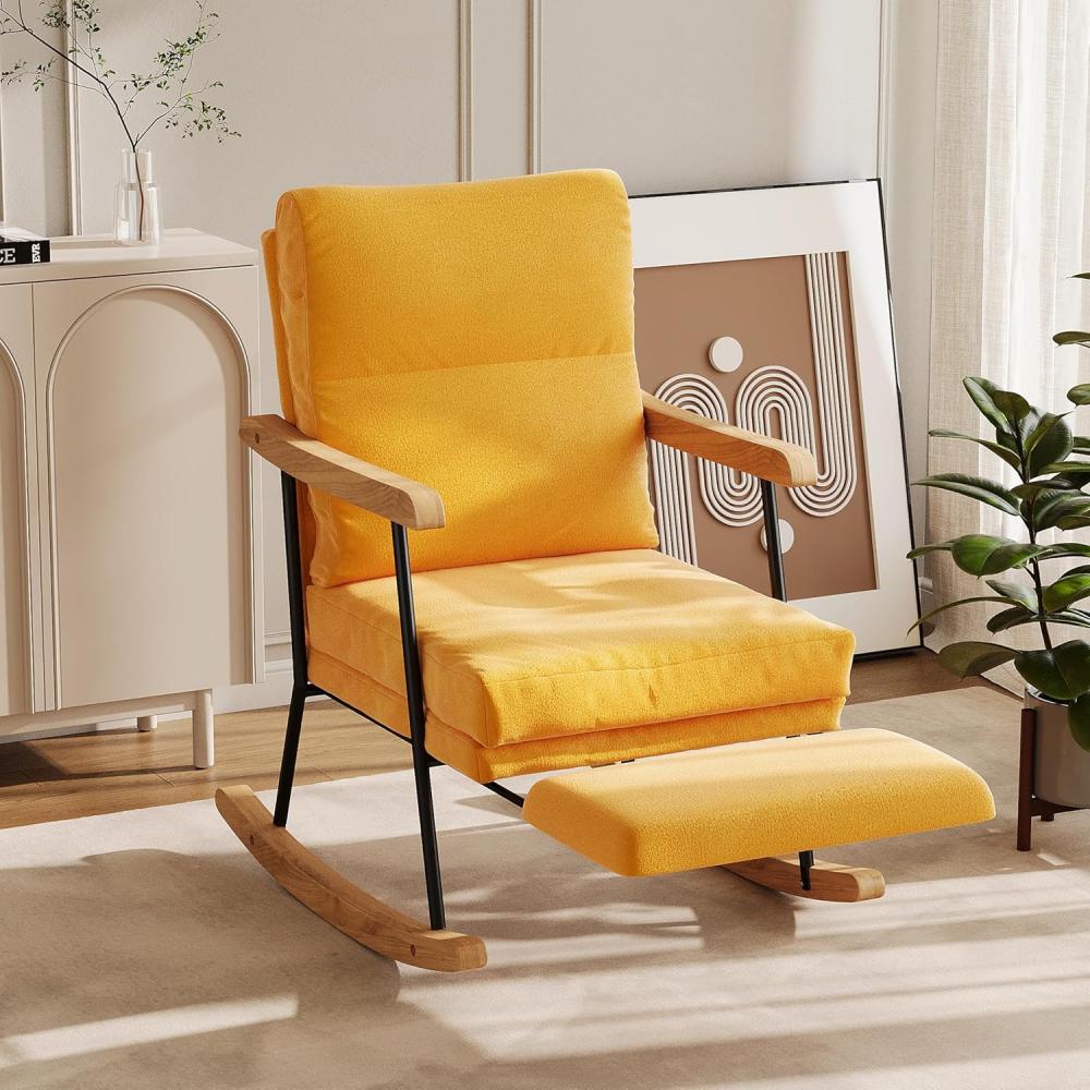 Fauteuil à bascule avec repose-pieds extensible, inclinable, dossier réglable, salon/chambre, marron/jaune - 2
