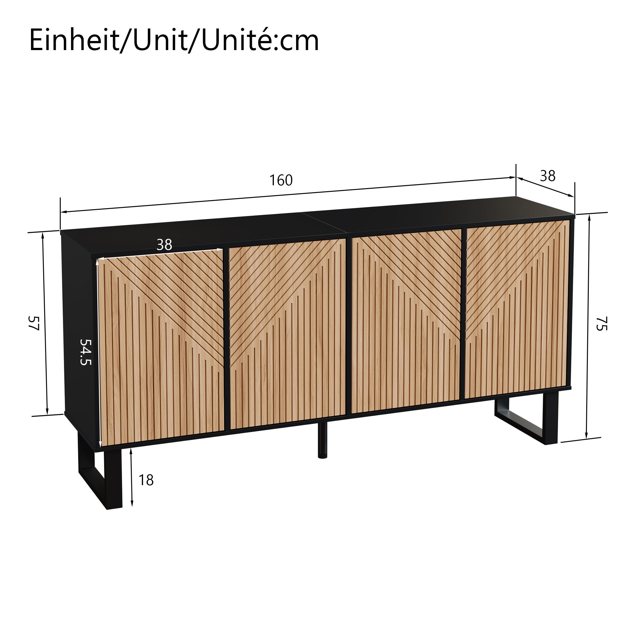 Nowoczesna komoda z 4 drzwiami - 160 x 38 x 75 cm - Płyta wiórowa + MDF - Kolor naturalny + czarny - 5
