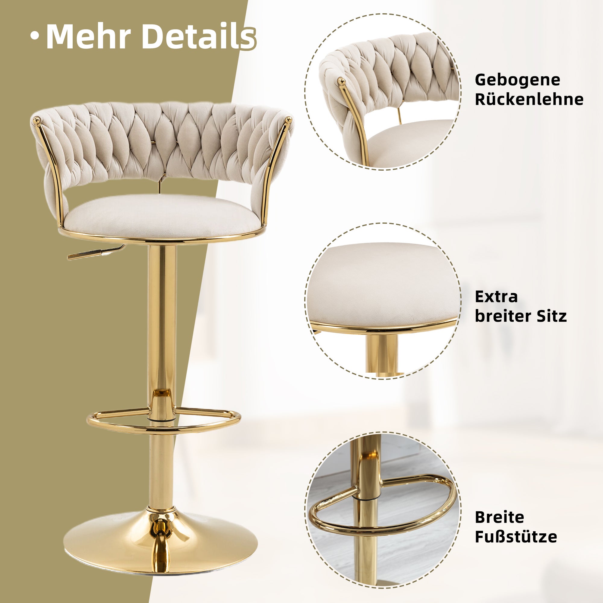 Zestaw 2 regulowanych i obrotowych krzeseł barowych z podłokietnikami - 54 x 46 x 78-97 cm - Aksamit - Kość słoniowa - 4