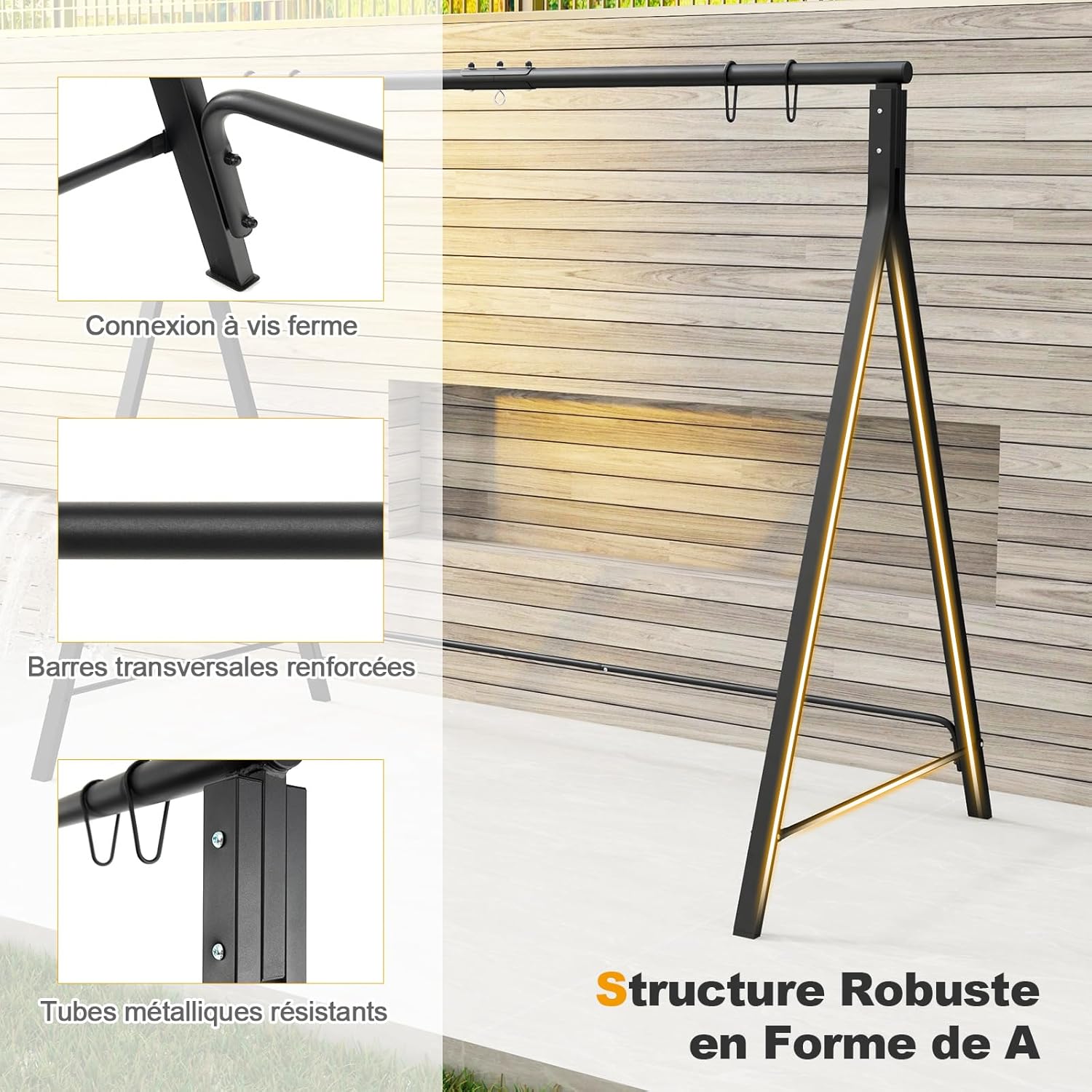 Estrutura giratória metálica com 5 anéis de suspensão, suporte giratório em forma de A com almofada antiderrapante, 210 x 115 x 175 cm - 8
