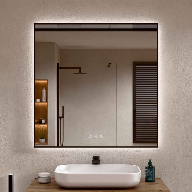 BELLOBATH - Espejo Baño con Luz Led Perimetral, Luz Ajustable en 3 Colores e Intensidad, Antivaho, Marco de aluminio Negro - 80cm alto x 80cm ancho
