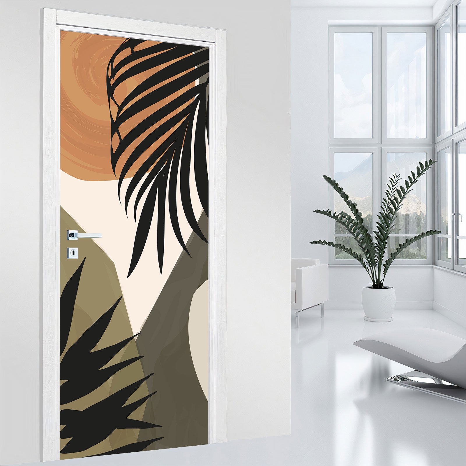 Autocollant Porte 3D Feuilles De Palmier - 88x200 Cm, PVC Imperméable Amovible, Décoration Murale Salon Ou Chambre (noir/blanc)