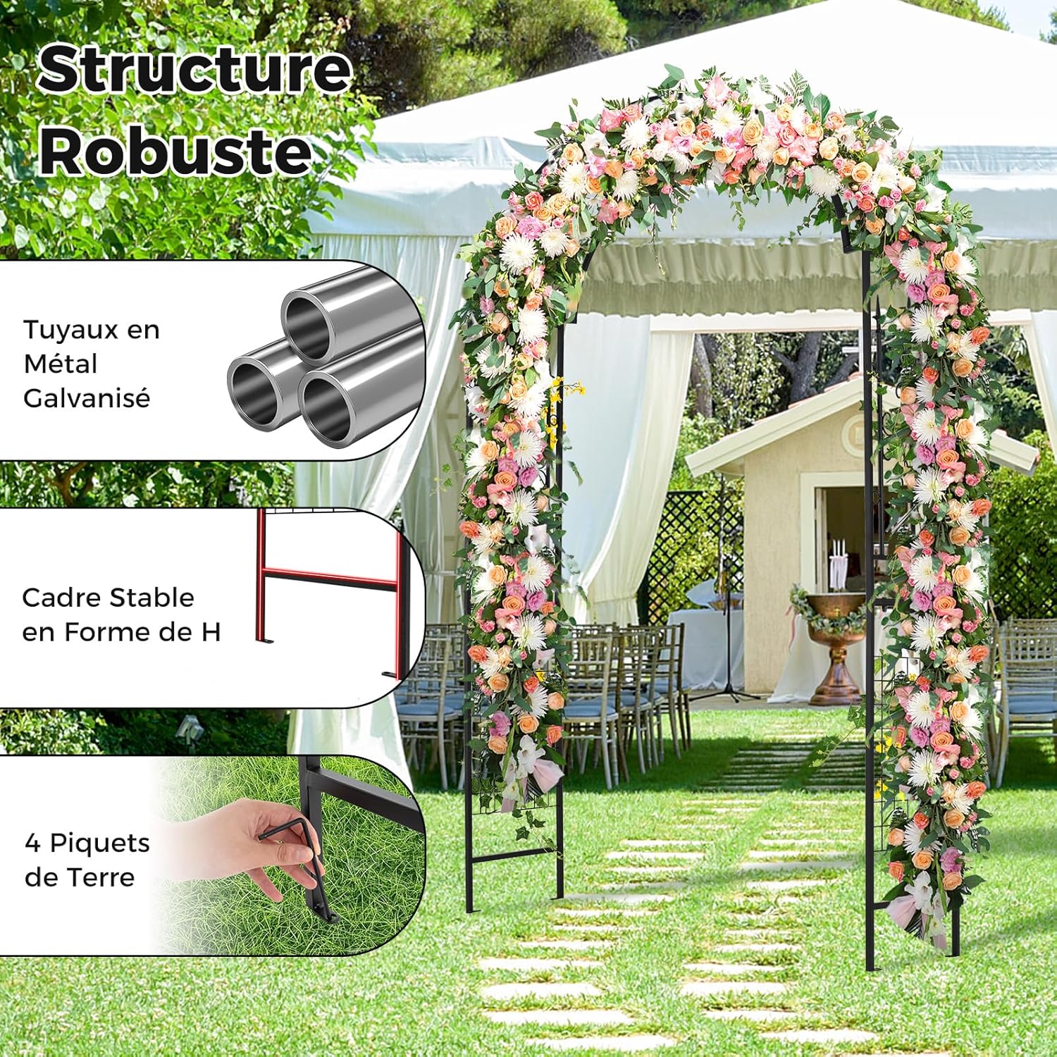 Arco da Giardino per Rampicanti, Arco da Giardino a Forma di Cupola in Metallo Zincato Resistente, Ideale per Feste e Ceremonie, 143 x 40 x 23 - 3