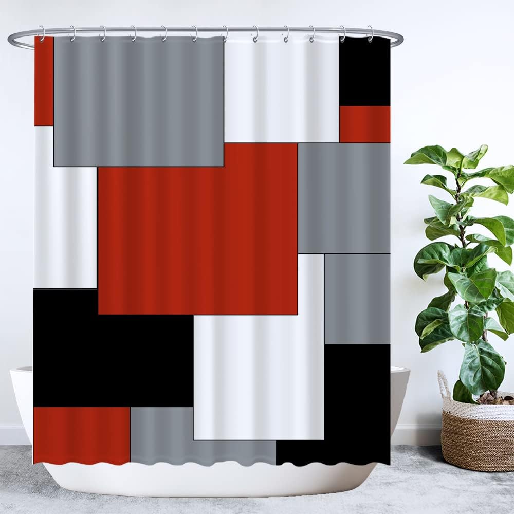 Zasłona prysznicowa - Prostokąt kwadratowy - 180 x 200 cm - Można prać - Odporna na pleśń - z 12 kółkami - Czerwono-szaro-czarno-biała