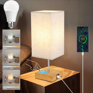 Lampe De Chevet Tactile Avec Chargeur USB-C - 3 Niveaux De Luminosité, Abat-jour En Tissu Blanc, Ampoule LED Incluse