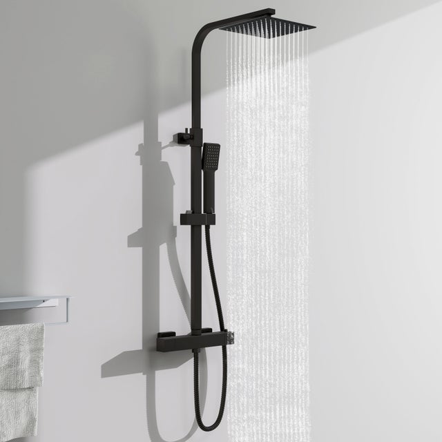 AICA Colonne de douche noir mat avec colonne de douche carrée, thermostat 38°C, tige réglable, pomme de douche et pommeau de douche