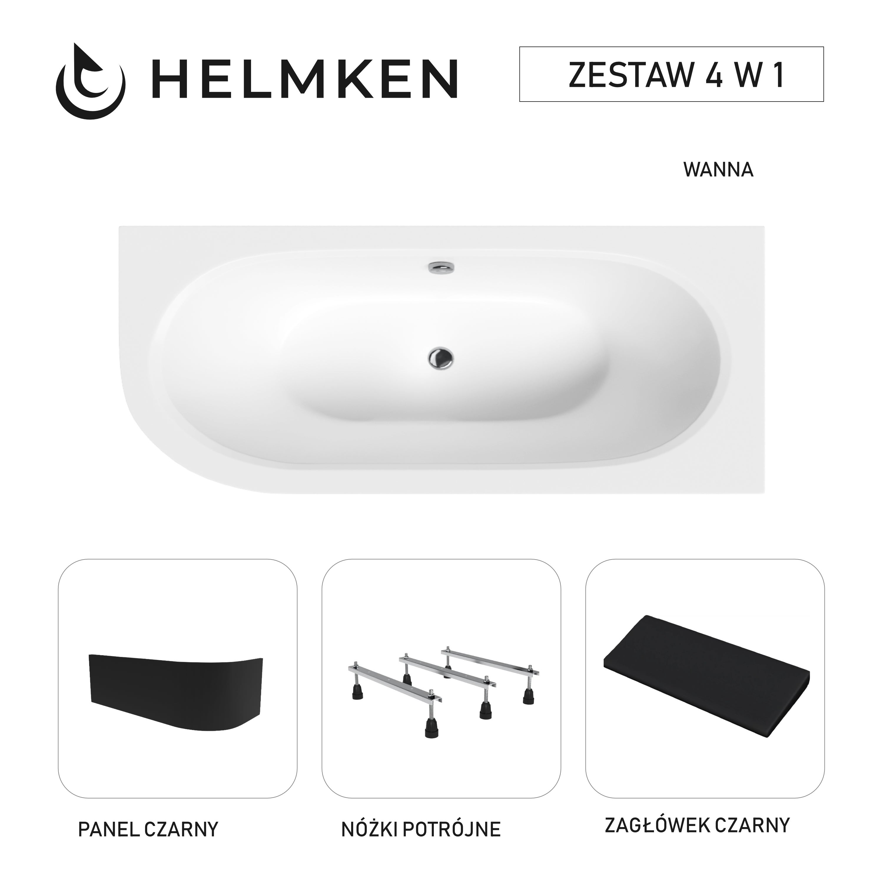 Wanna akrylowa Helmken Marbella Lux 160 x 75 Prawa + Panel czarny + Zagłówek czarny + Nóżki potrójne / 23092003ZWC