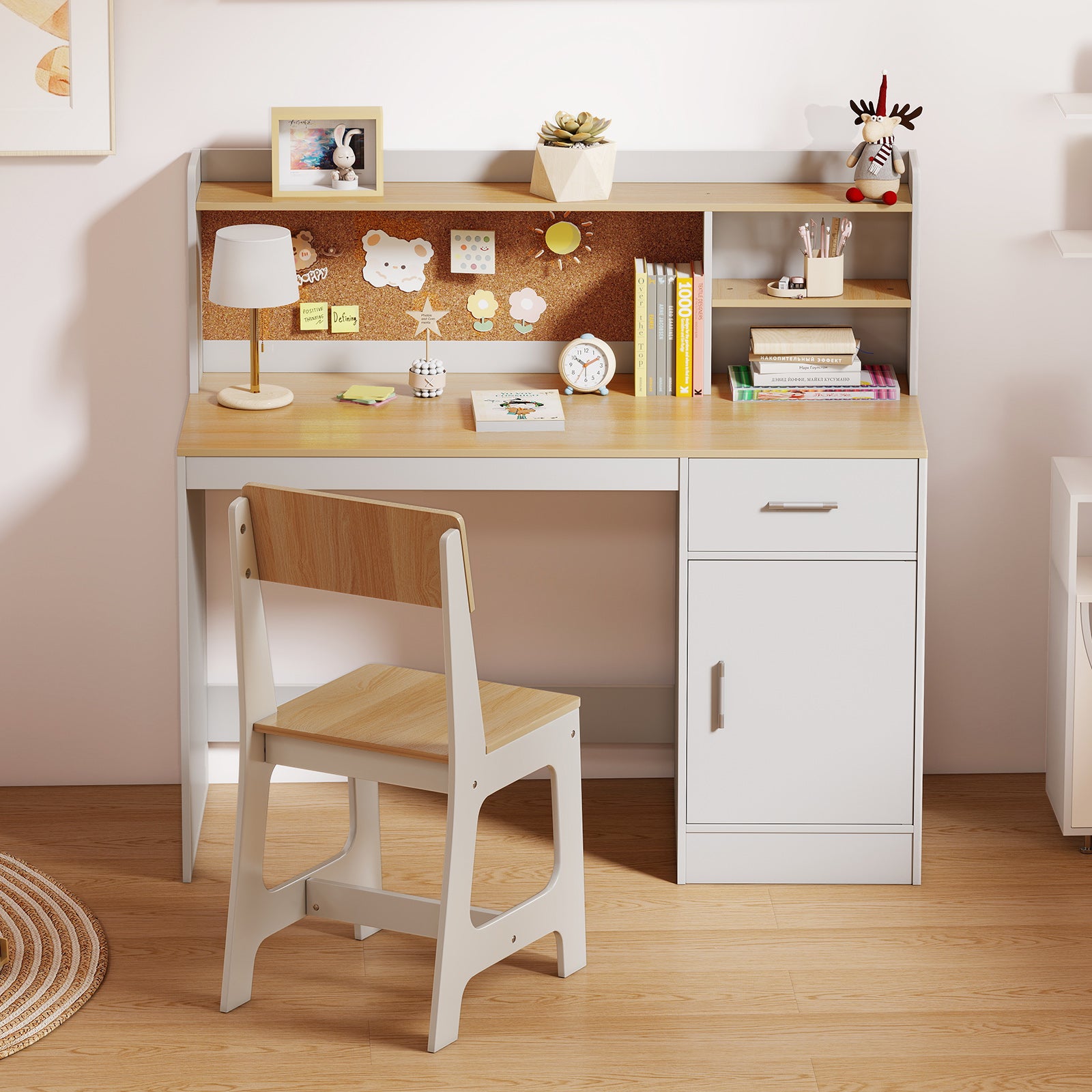 Bureau et Chaise d'Étude pour Enfants 3 Ans+, Table d'Écriture avec Étagères, Tiroir, Armoire de Rangement, pour Chambre, École, Naturel - 7