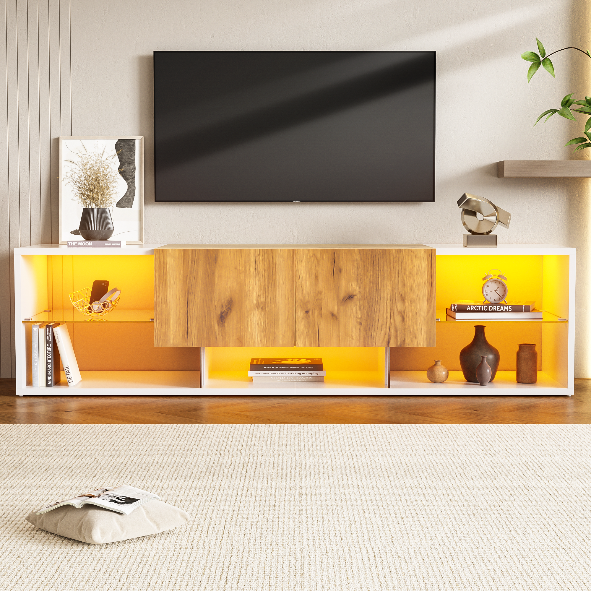 Meuble TV avec 2 tiroirs et 4 compartiments - 160 x 40 x 42 cm - LEDs - Panneau de particules et étagères en verre - Chêne + blanc Antique - 5