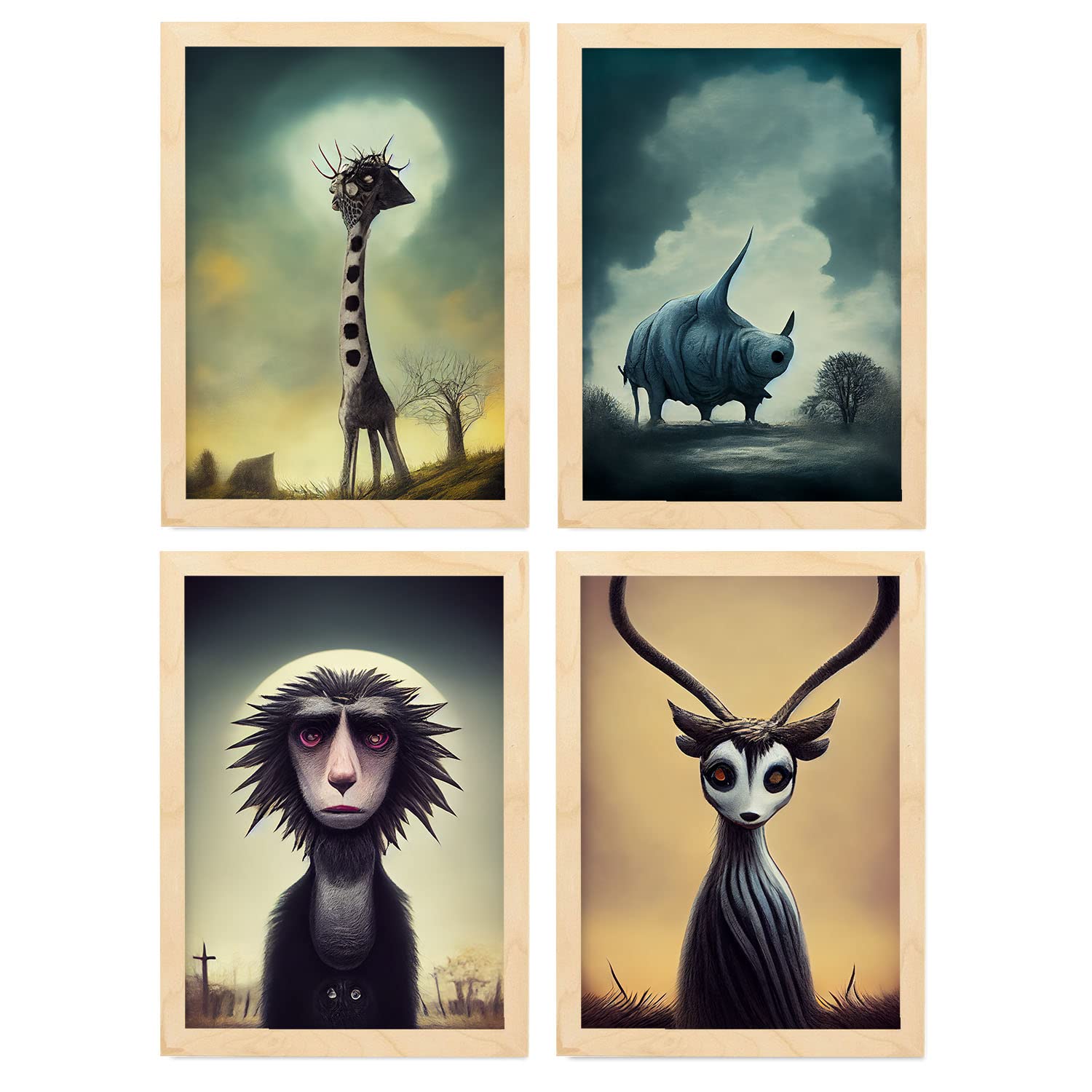 Nacnic set de 4 posters sabana estilo t burton ilustraciones y pósters de animales inspirados en el arte gótico de burton a4 marcos madera clara