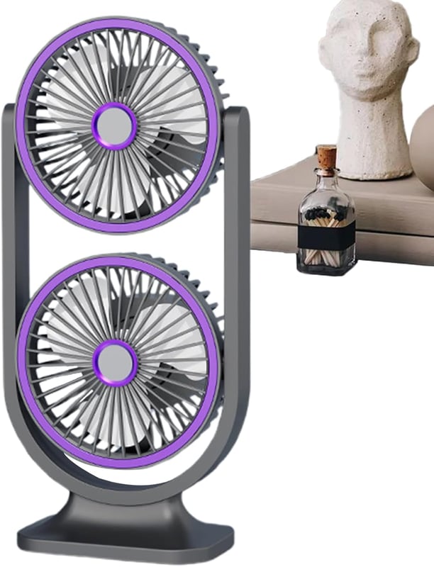 Wentylator stołowy, ładowany przez USB, cichy, dwugłowicowy, odpowiedni do użytku w domu, na zewnątrz, w podróży i w szkole, 14 x 9,5 x 30 cm, fiolet