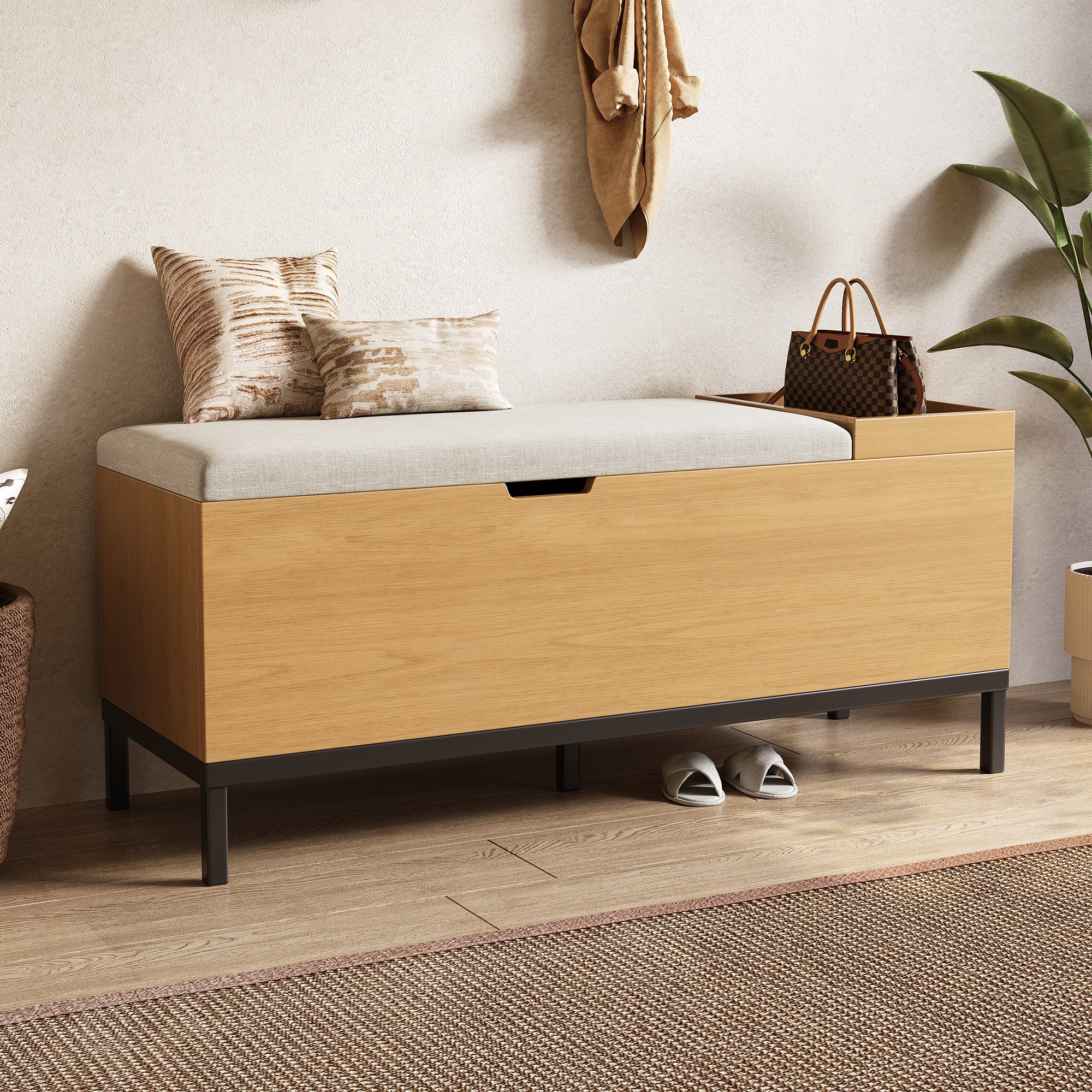 Ławka ze schowkiem 115 x 40 x 49,5 cm - lniane poduszki - z półkami - płyta MDF - naturalny + szary
