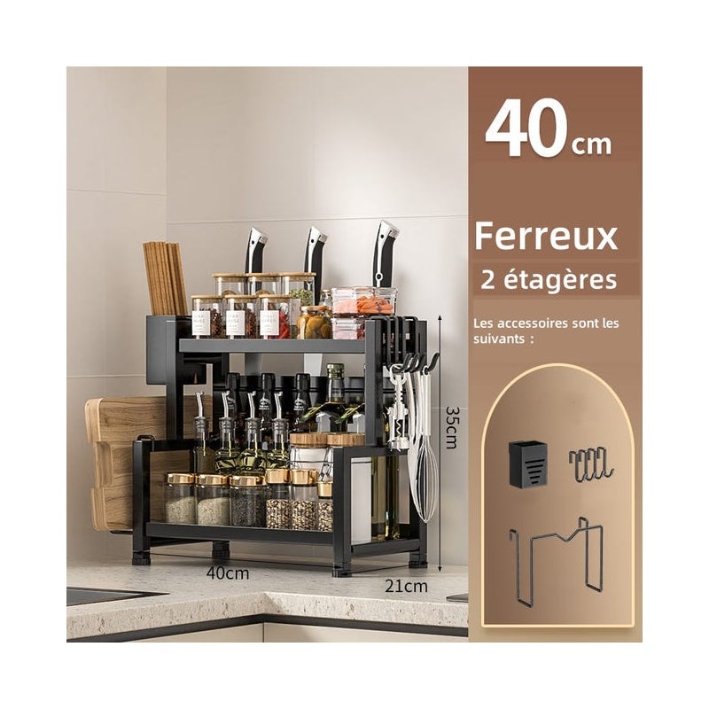 Pogrubiona wielofunkcyjna półka kuchenna na blat z uchwytem na pałeczki i deską do krojenia, 2 poziomy, 40 cm