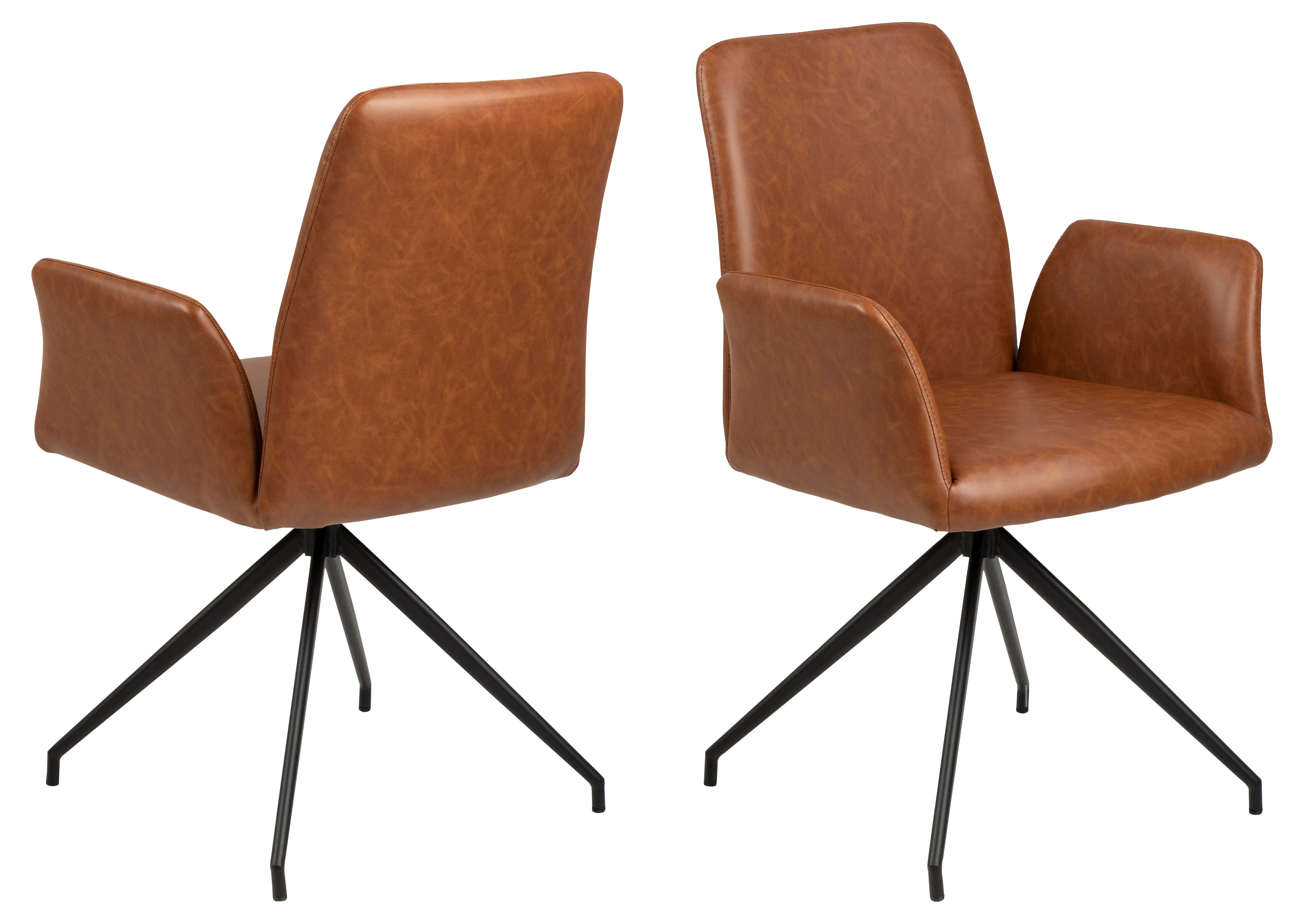 Nadine krzesło do jadalni obrotowe, koniak skóra syntetyczna PU, czarny metal.