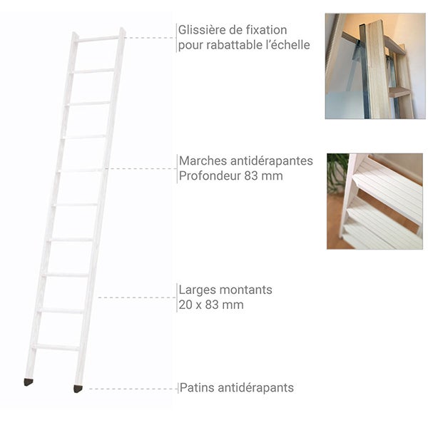 Echelle de meunier rabattable Blanc RAL 9010 10 marches - Hauteur de sol à sol 2,37m - EC-MEZZ-RAB-B-10 - 4