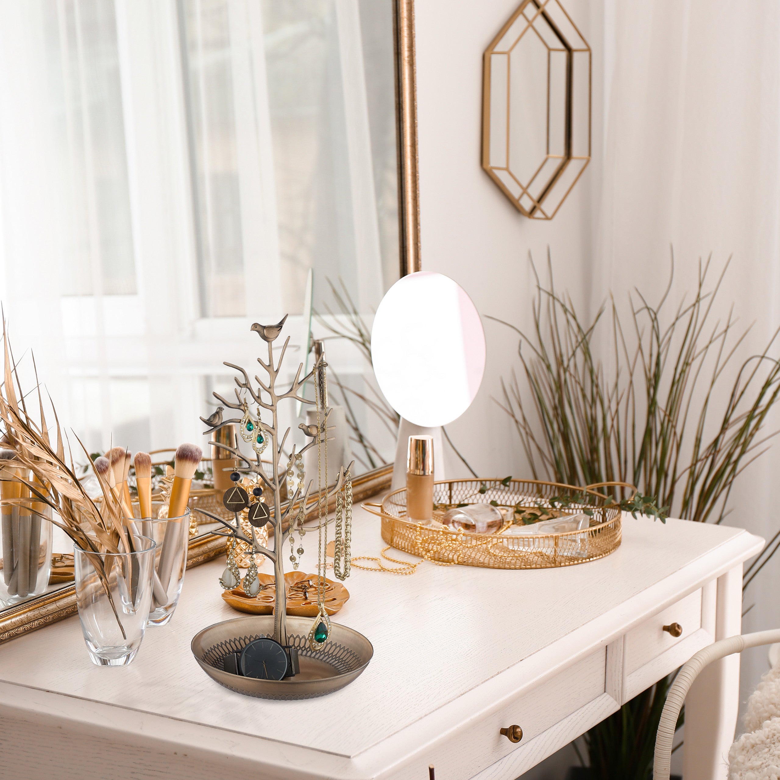 Porte-bijoux en forme d’arbre, pour colliers, boucles d’oreilles, bracelets, HxLxP 30 x 16 x 15 cm, doré, Relaxdays - 2