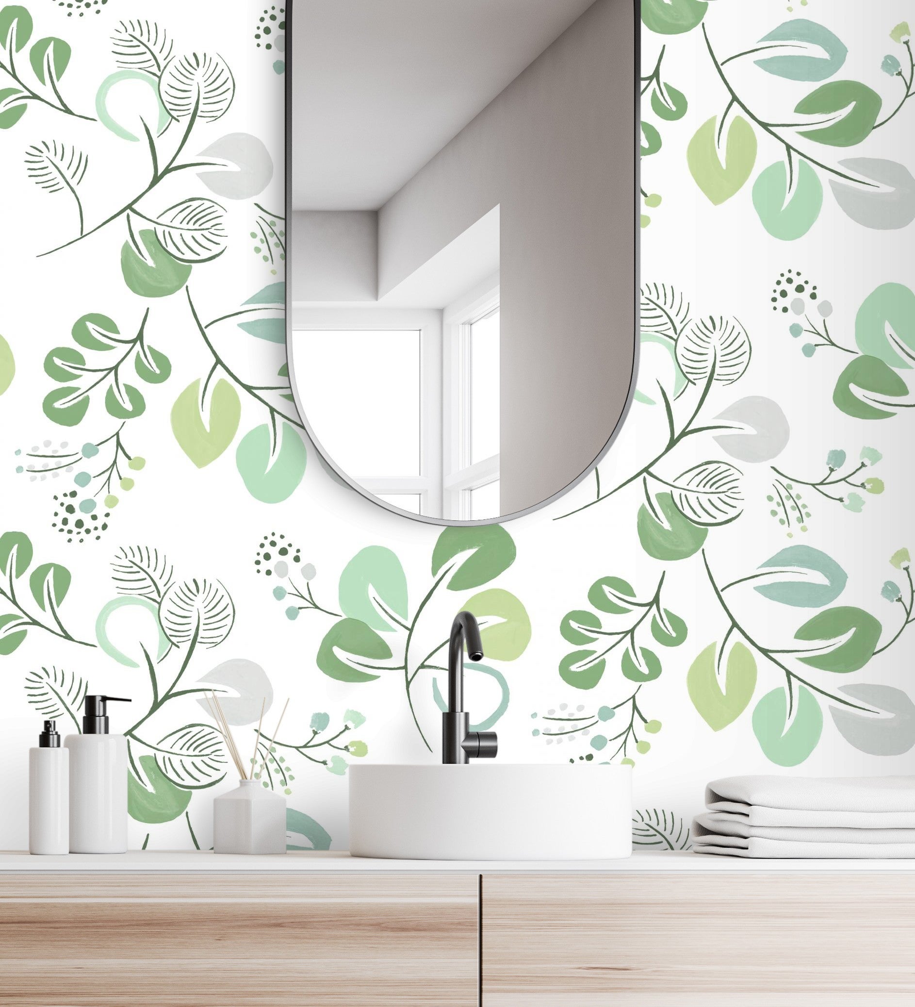 Papel pintado vinílico ecológico de hojas de estilo nórdico tonos verdes - blossom hall 682102 de gaulan - rollo de 10 m x 0,52 m