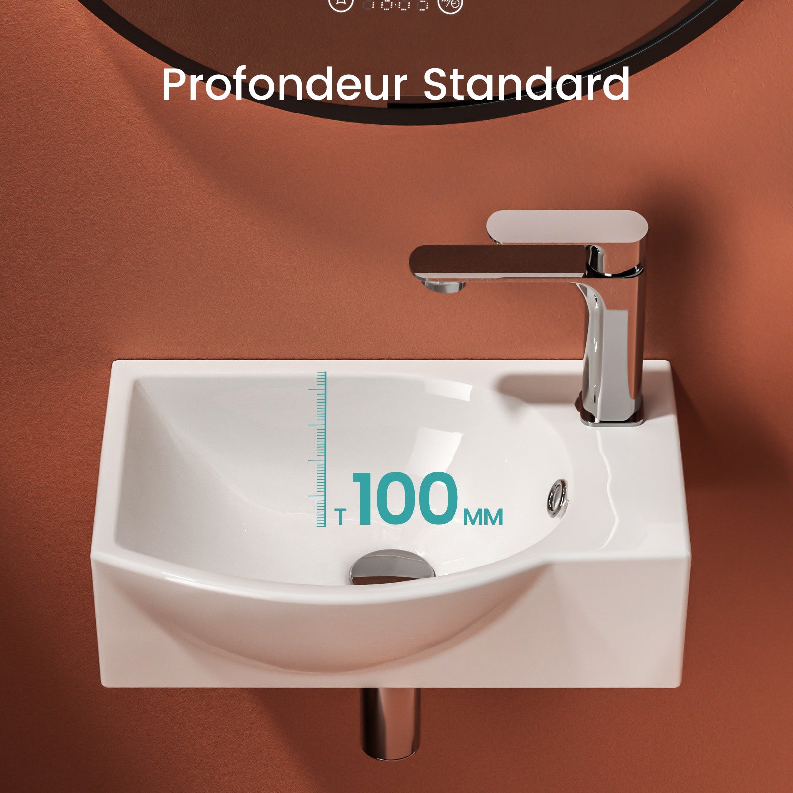 EMKE Lavabo mural rectangulaire en céramique 40,5 x 28 x 14 cm, trou de robinet à droite, blanc brillant - 3