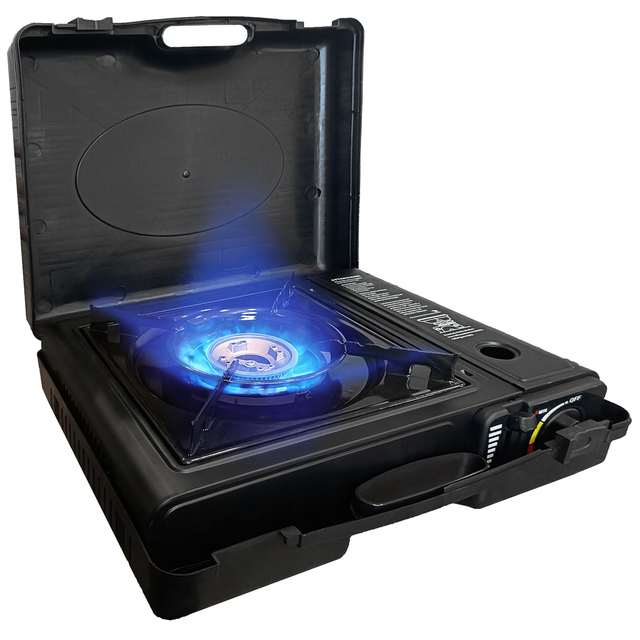 Fornello a Gas da Campeggio 1 Fuoco, con Cartucce Butano, Accensione Piezoelettrica, 2,1KW di potenza, Portatile con Valigetta, Nero, Adatto all'Outdo
