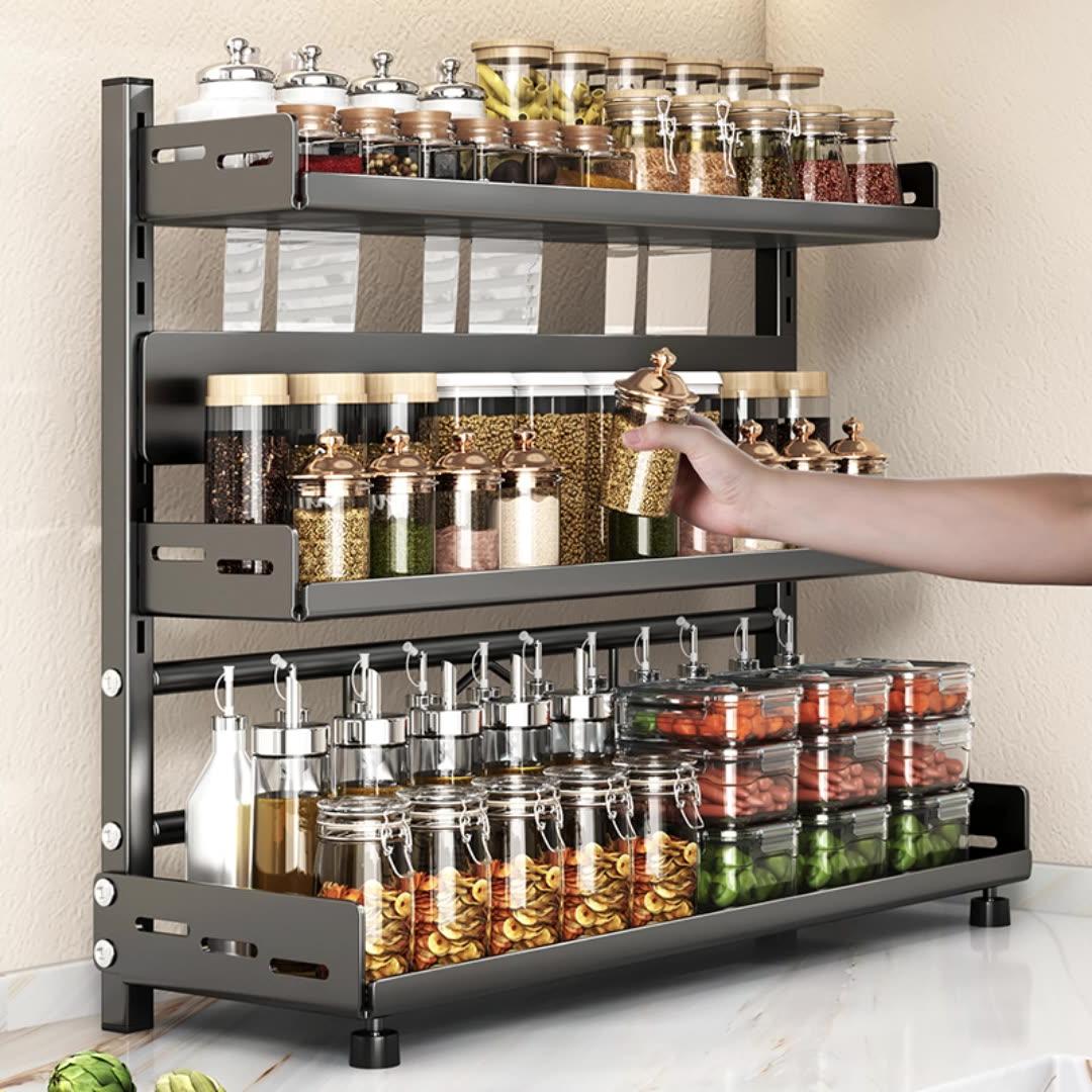 Scaffale Sospeso Per Frigorifero A 3 Livelli Con 8 Ganci, Portaspezie In Acciaio Carbonio Nero Per Cucina E Congelatore