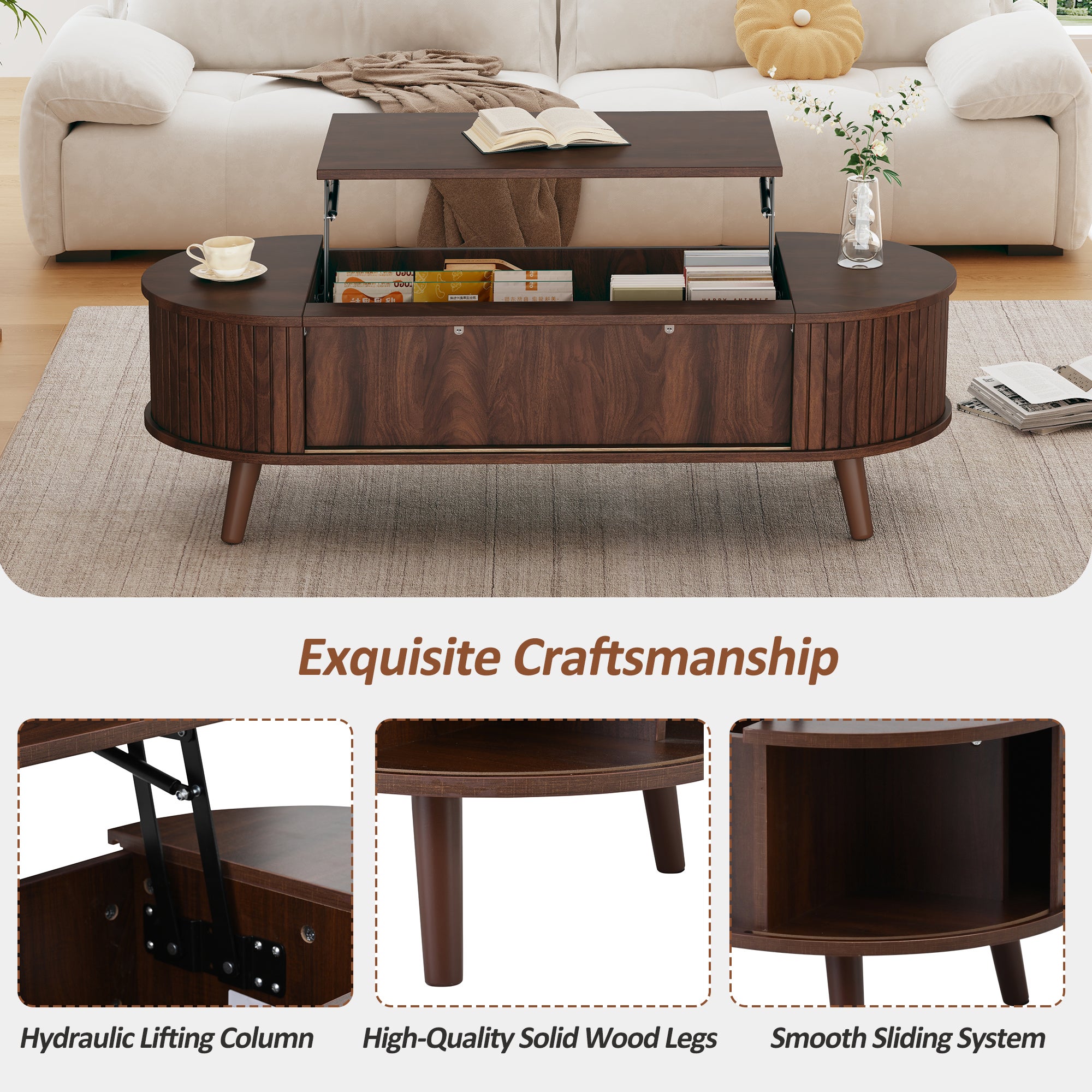 Table basse relevable 120x50x39.5 cm - 2 portes - Rangements cachés - Pieds en bois massif - Marron - 4