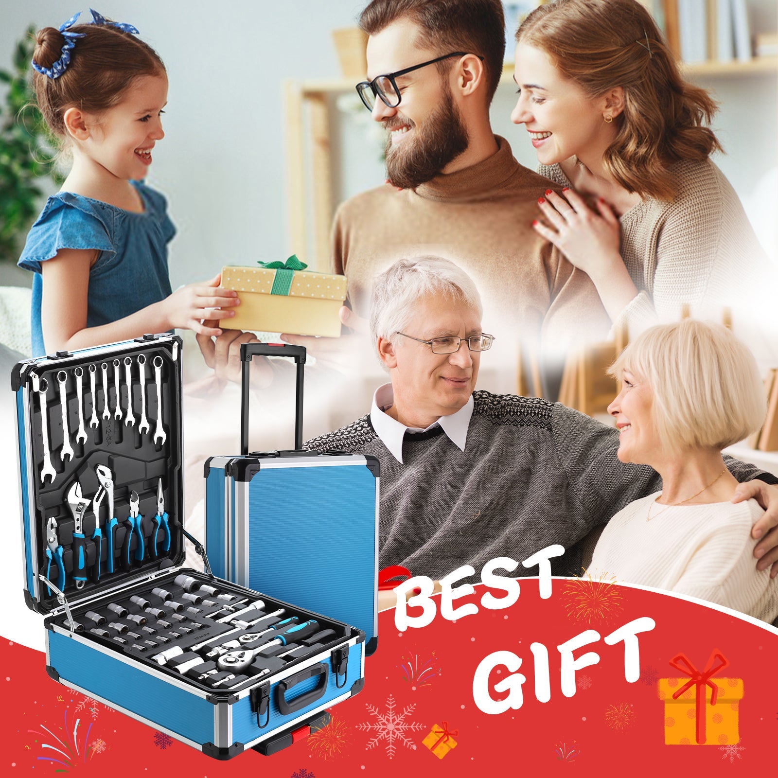 TEENO Boite à Outils 1000 Pièces, Outil Multifonction avec Valise Aluminium et Poignée Télescopique , Malette Outils Roulante pour Maison et Auto - 7