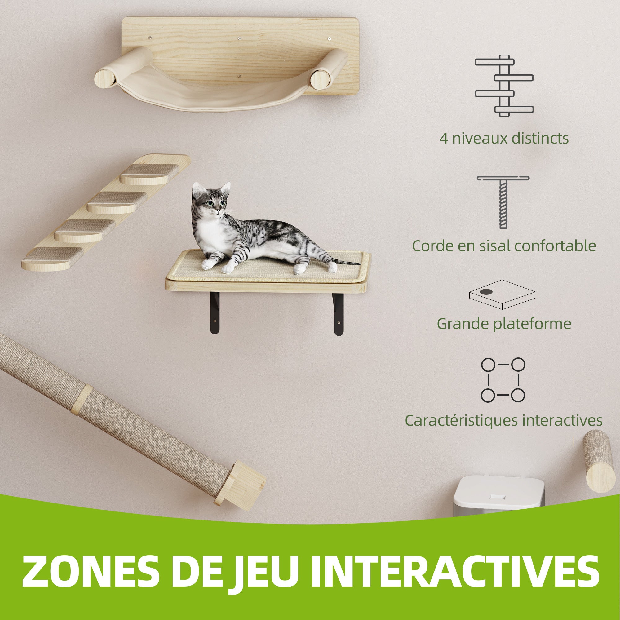 Balconera Ensemble de murs d'escalade pour chat 7 pièces, arbre à chat avec 3 griffoirs et 4 marches, montage mural, beige - 6