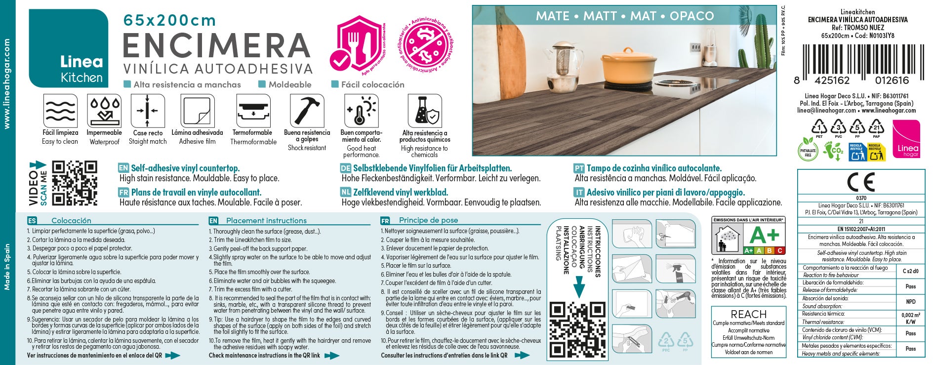 TROMSO NUEZ: Vinyle adhésif pour plan de travail de cuisine et salle de bain. Résistant aux taches. Imperméable. Facile à poser et à nettoyer. 0,65x2m - 12